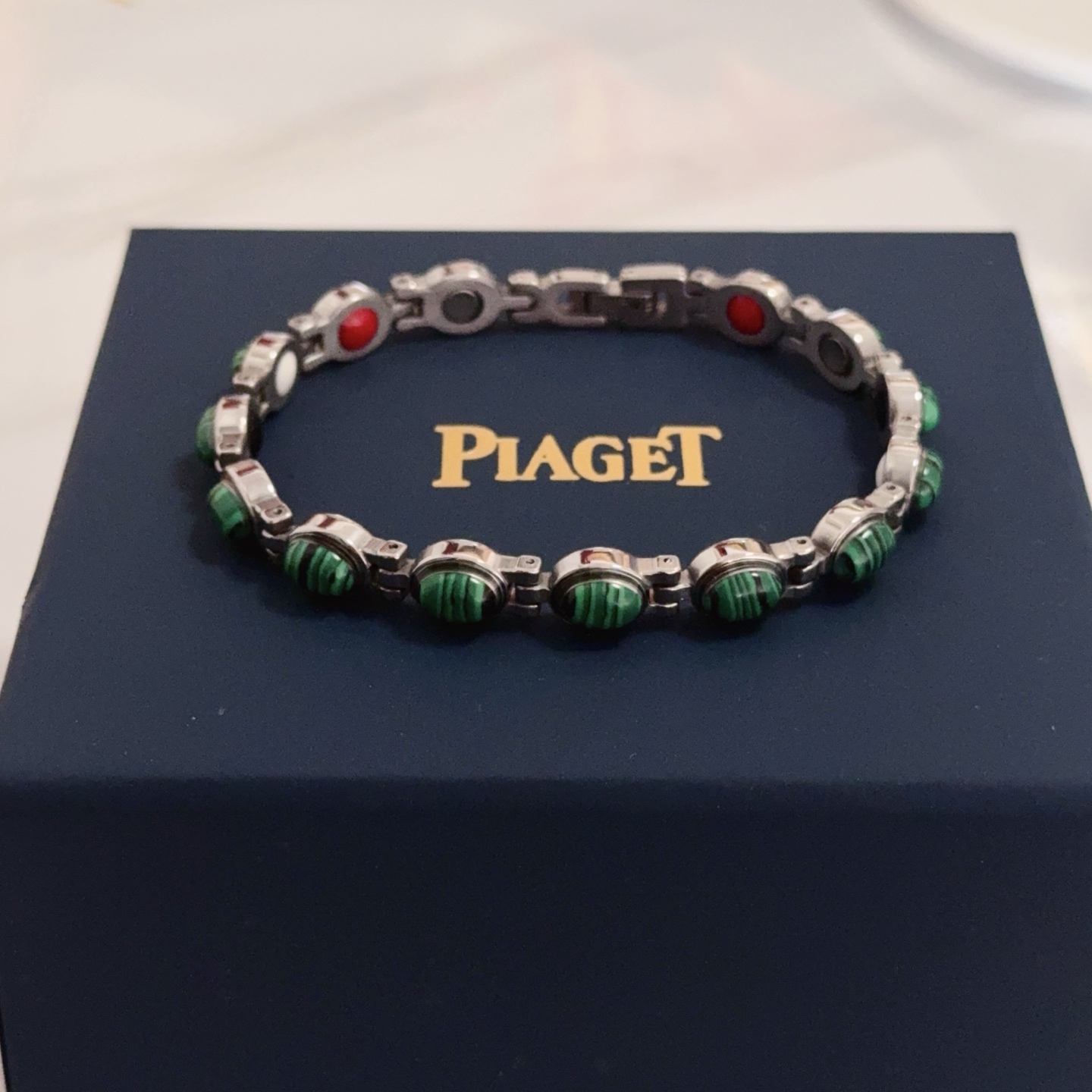 Piaget Malachite Magnetic Link Bracelet bracelet Silver-toned stainless steel with green malachite cabochons red black white and silver magnetic inlays 19cm