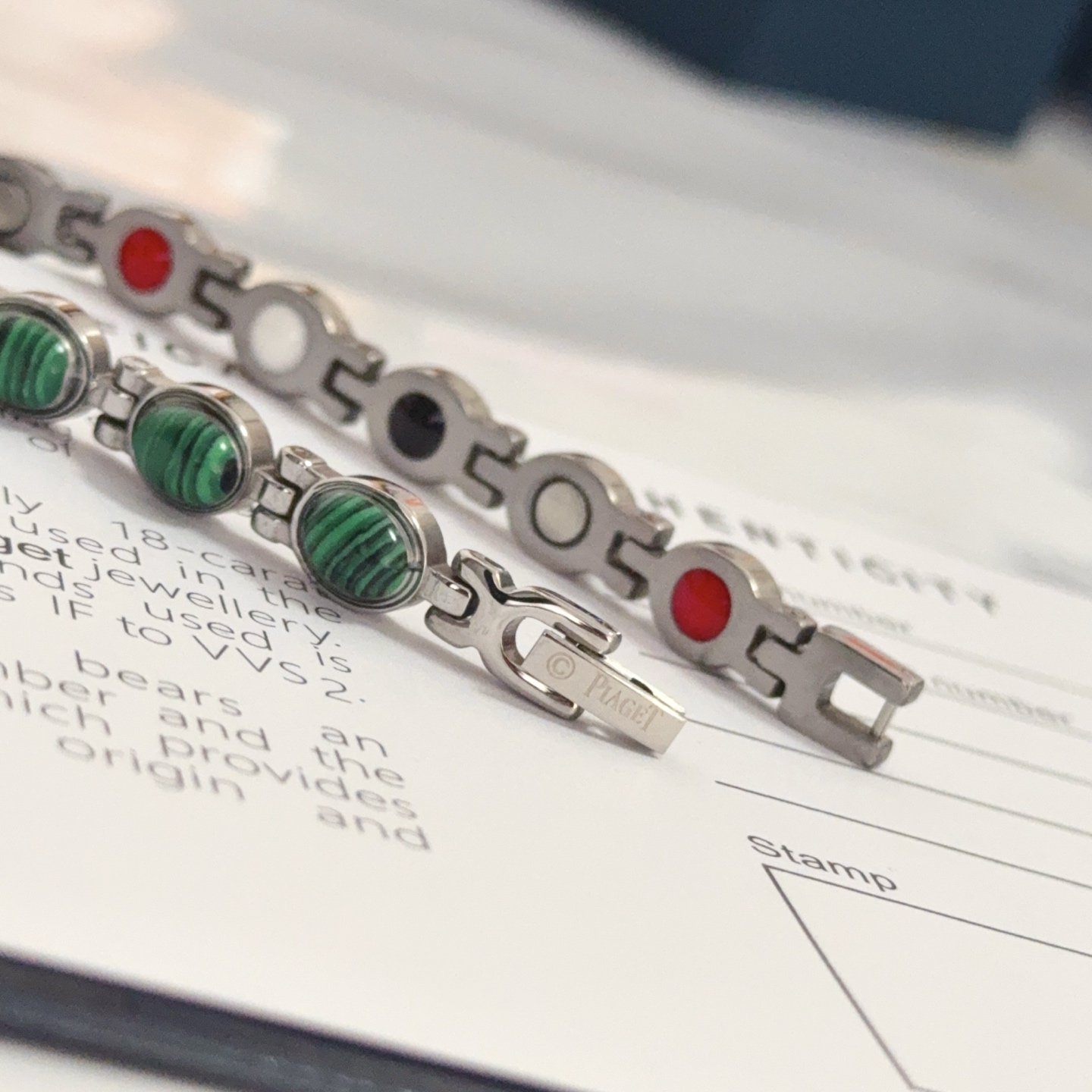 Piaget Malachite Magnetic Link Bracelet bracelet Silver-toned stainless steel with green malachite cabochons red black white and silver magnetic inlays 19cm