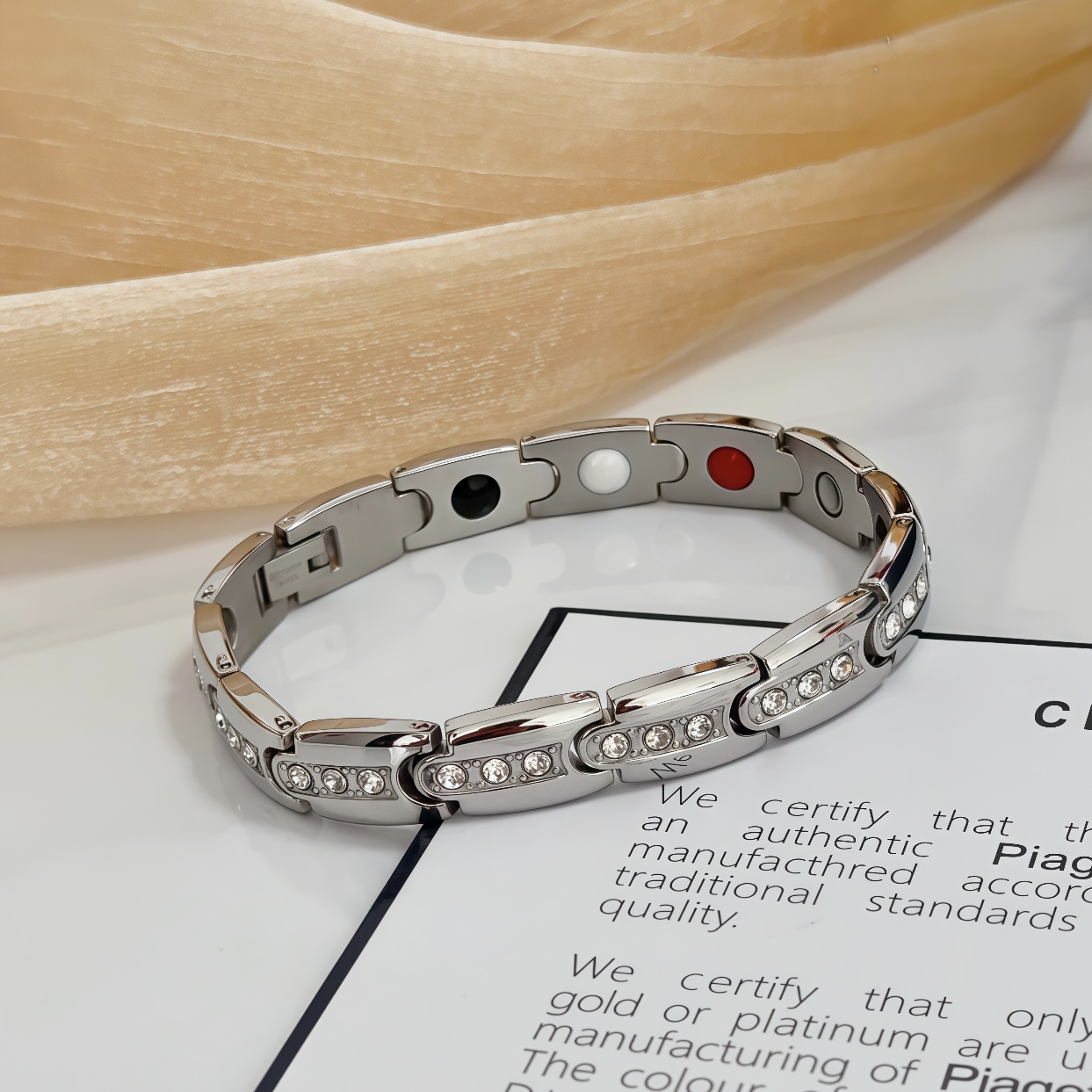 Piaget Au750 Diamond Link Bracelet bracelet Silver-toned 18k white gold with clear round diamonds inner links with black white red accent elements 19cm