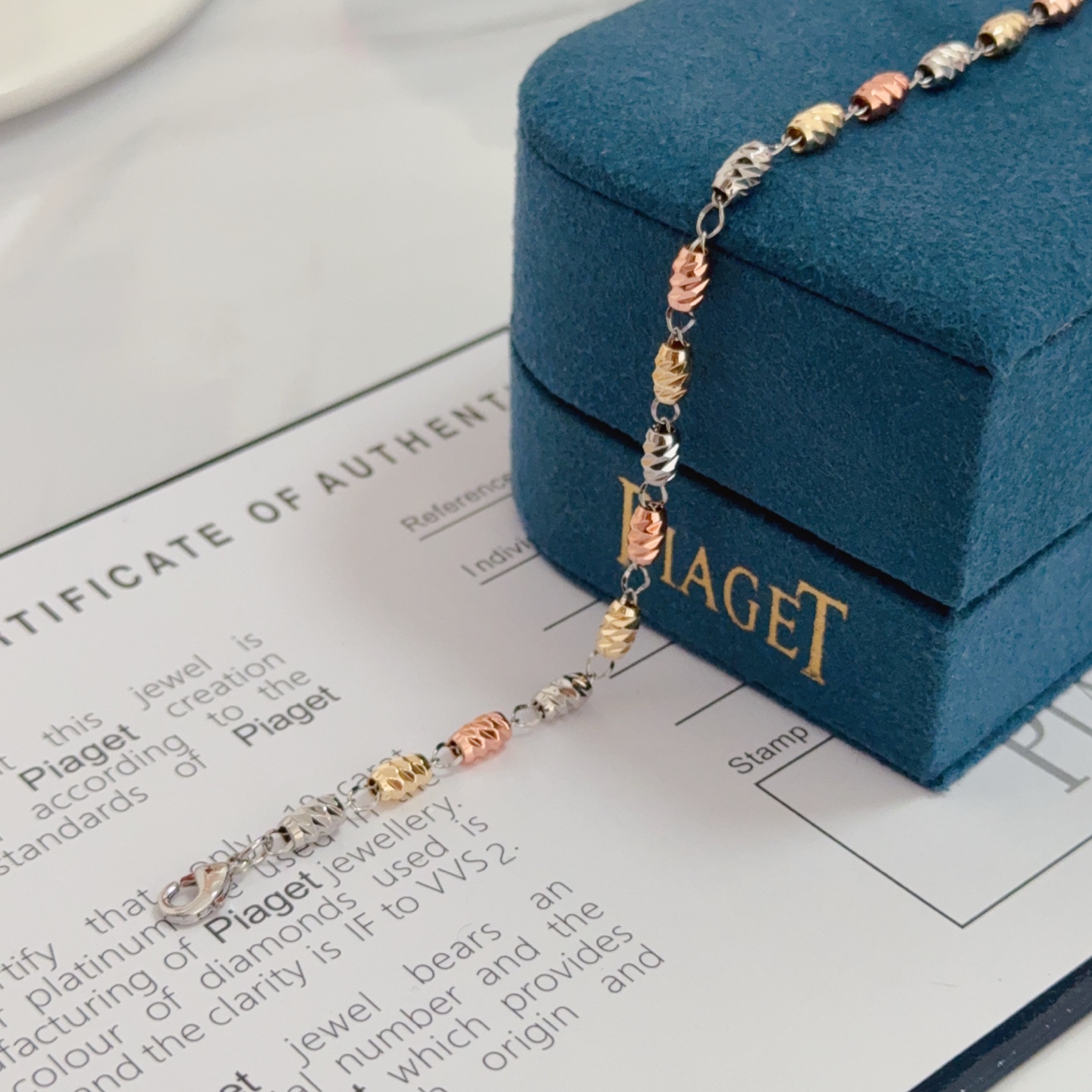 Piaget Tri-Tone Textured Bead Chain bracelet Tri-tone silver yellow gold rose gold metal no gemstones 18cm with 3cm extender