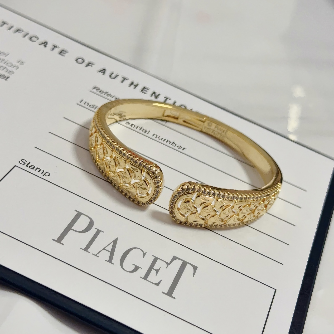 Piaget Rose Passion Open Cuff bracelet 18k yellow gold with clear diamond accents 16cm inner circumference