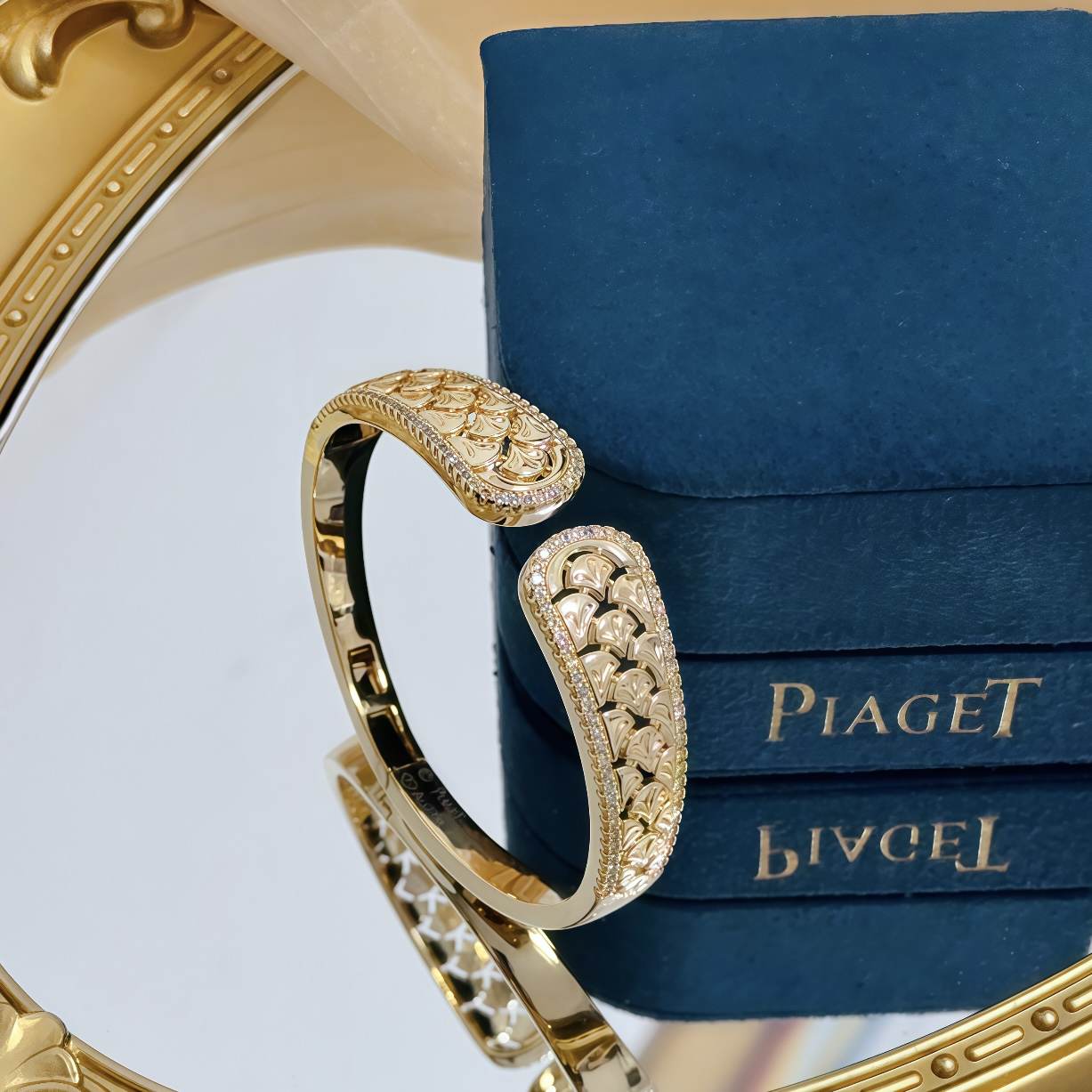 Piaget Rose Passion Open Cuff bracelet 18k yellow gold with clear diamond accents 16cm inner circumference