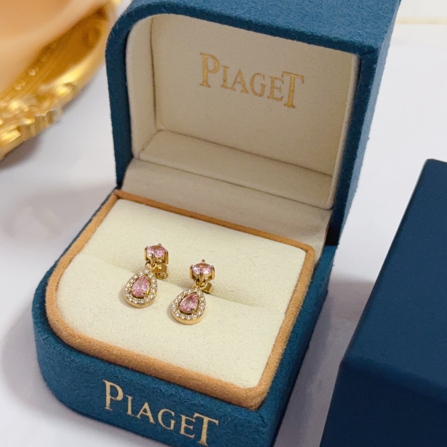 Piaget Treasures earrings 18k yellow gold pink sapphire white diamond 1 2cm drop length