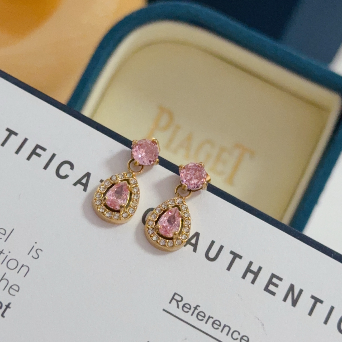 Piaget Treasures earrings 18k yellow gold pink sapphire white diamond 1 2cm drop length