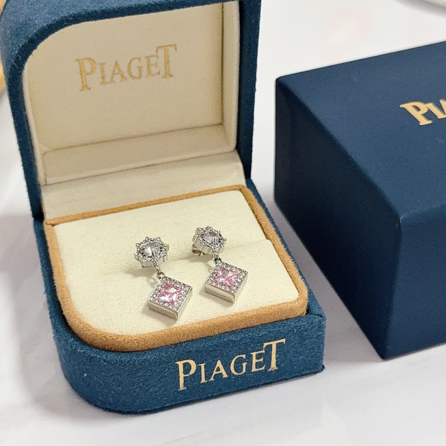 Piaget Sunlight Journey earrings silver-toned white gold with clear diamonds and pink square gemstones 1 5cm drop length