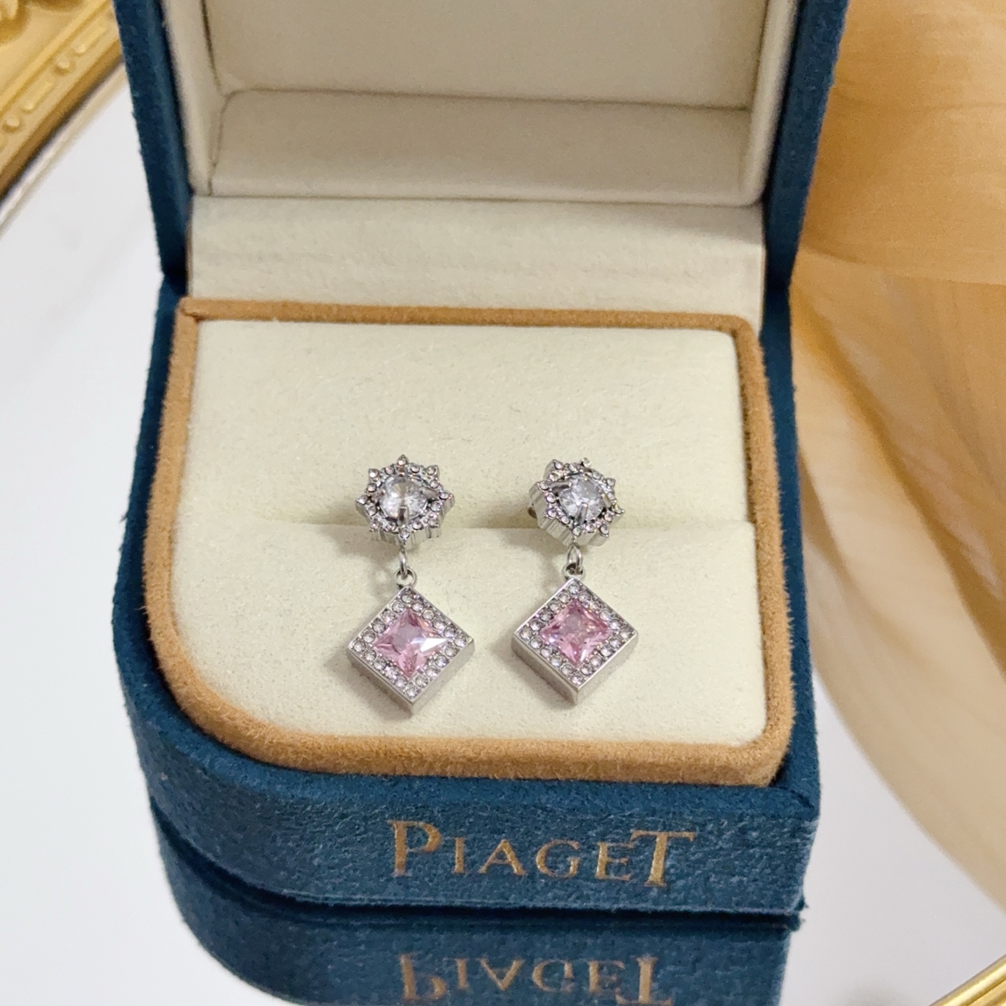 Piaget Sunlight Journey earrings silver-toned white gold with clear diamonds and pink square gemstones 1 5cm drop length
