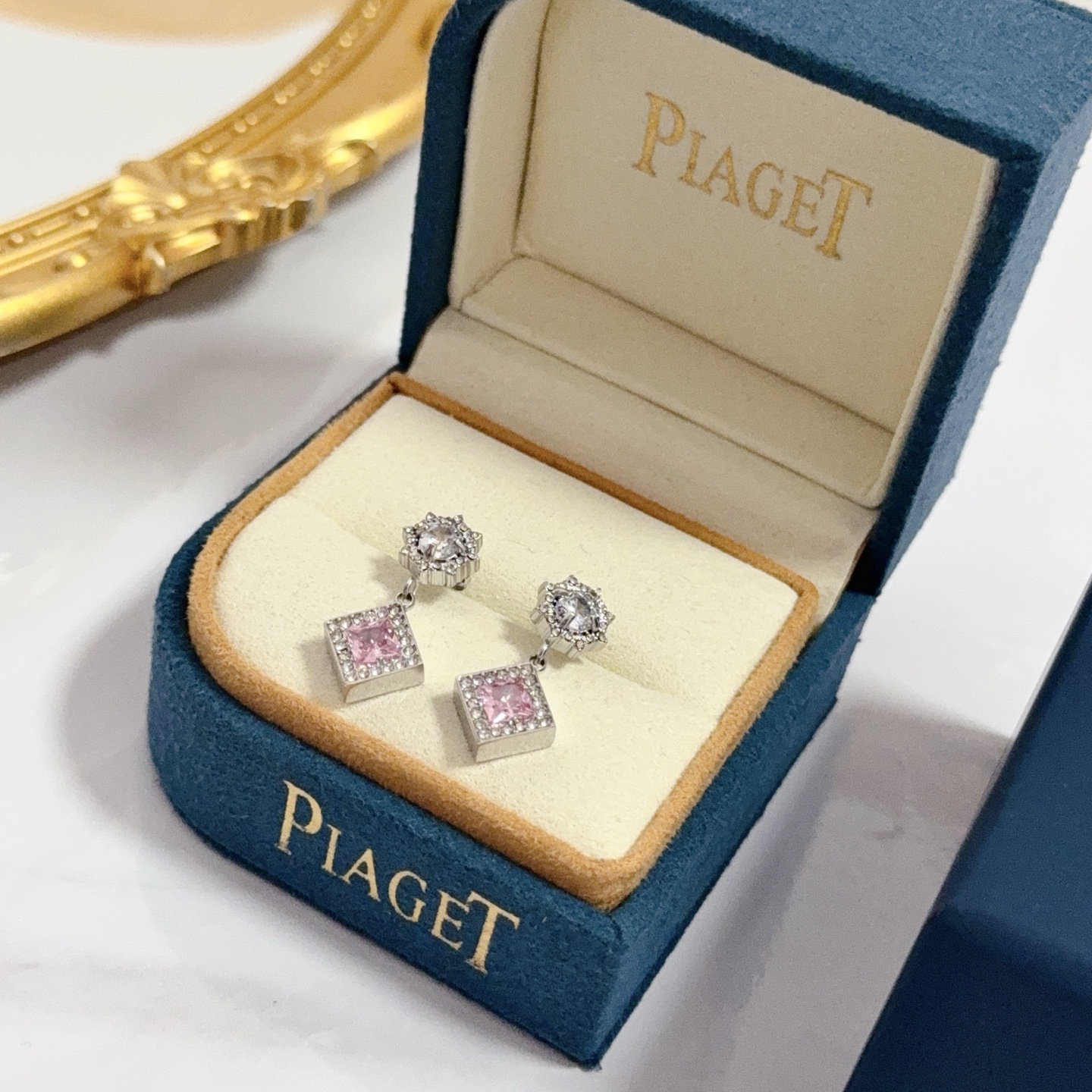 Piaget Sunlight Journey earrings silver-toned white gold with clear diamonds and pink square gemstones 1 5cm drop length