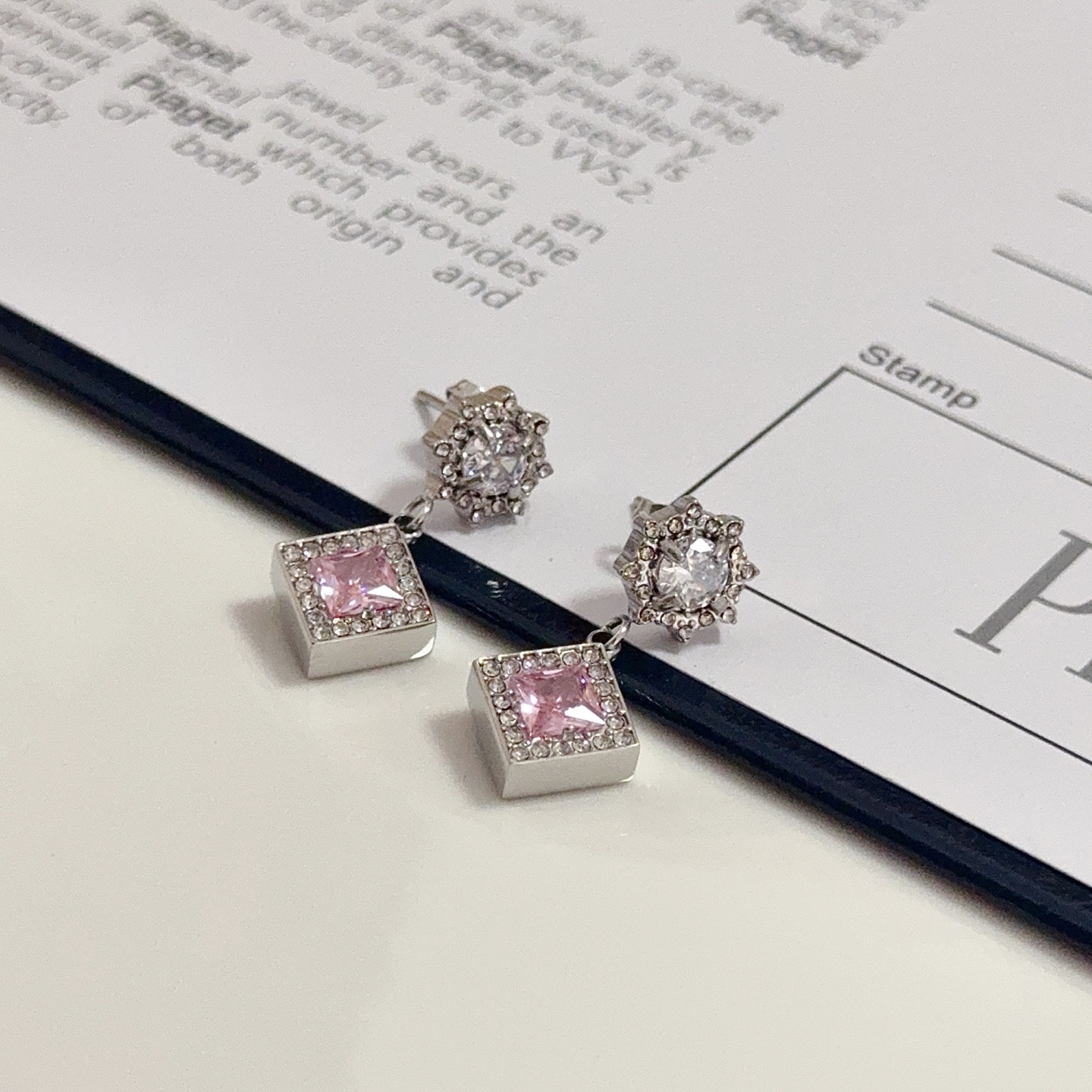 Piaget Sunlight Journey earrings silver-toned white gold with clear diamonds and pink square gemstones 1 5cm drop length