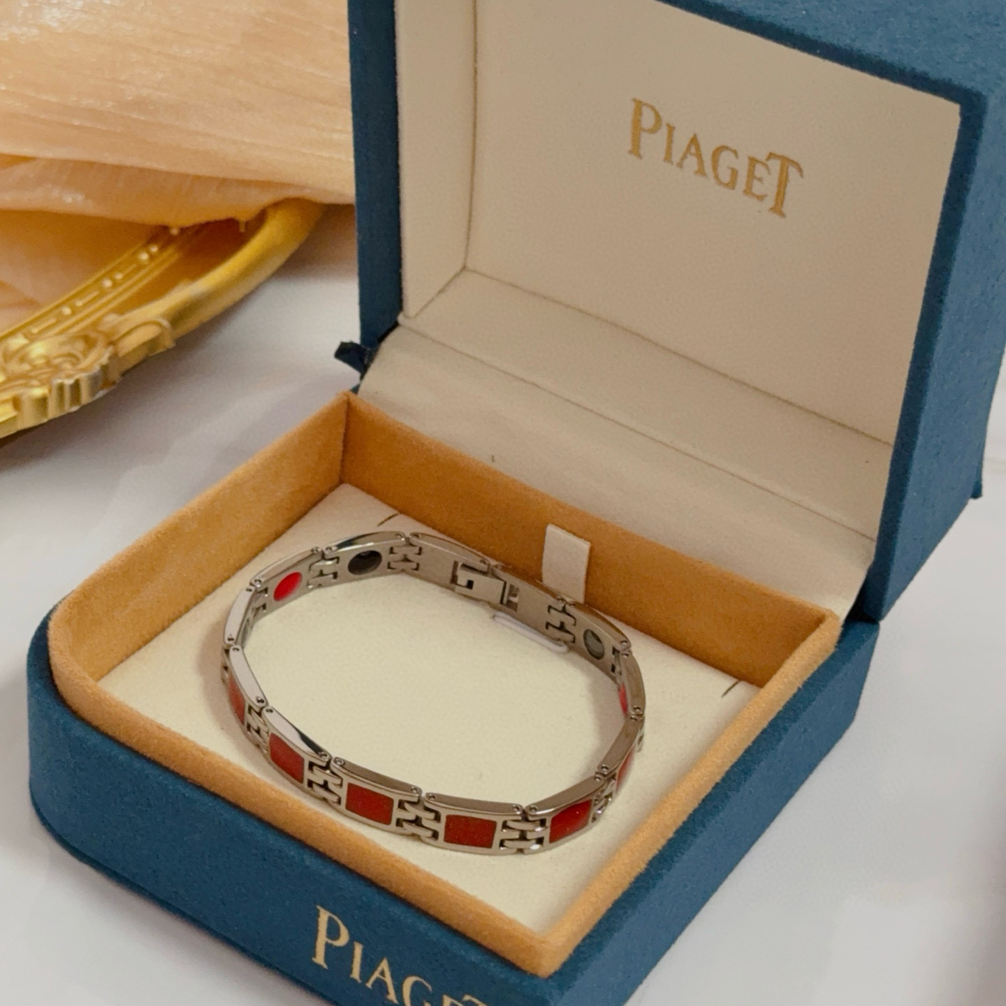 Piaget Magnetic Therapy Link Bracelet bracelet Silver-tone metal with red square inlays black and red magnetic accents 21cm