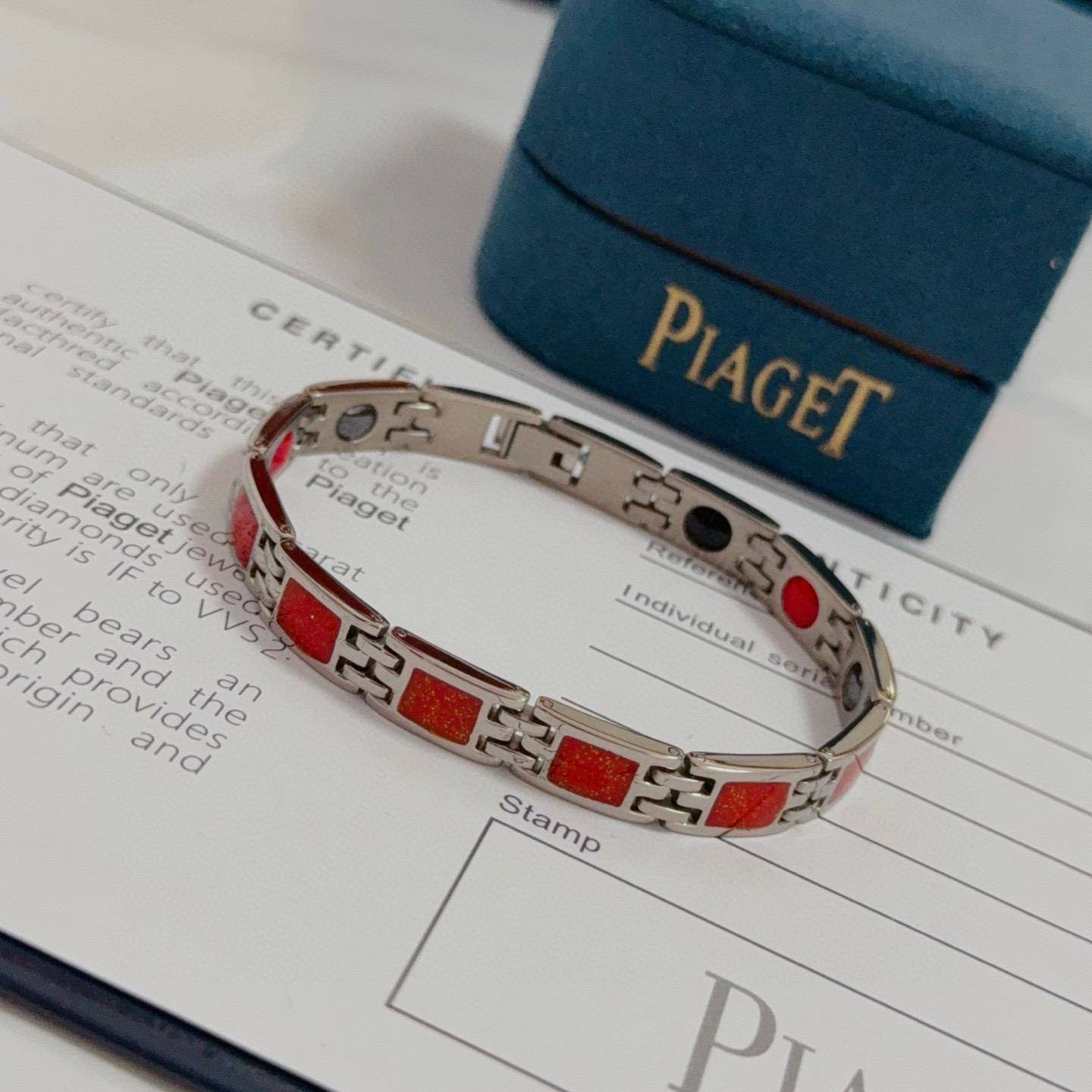 Piaget Magnetic Therapy Link Bracelet bracelet Silver-tone metal with red square inlays black and red magnetic accents 21cm