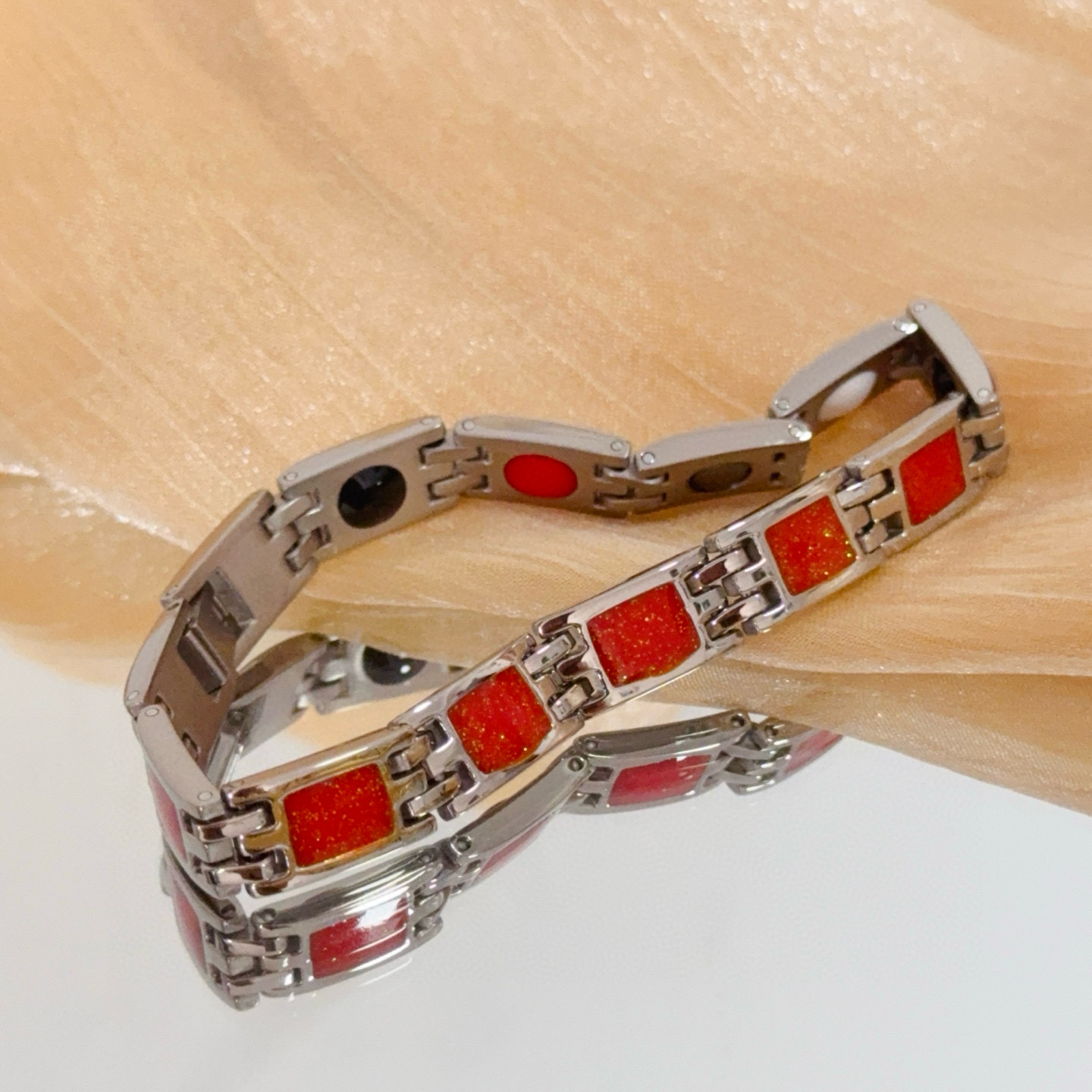 Piaget Magnetic Therapy Link Bracelet bracelet Silver-tone metal with red square inlays black and red magnetic accents 21cm