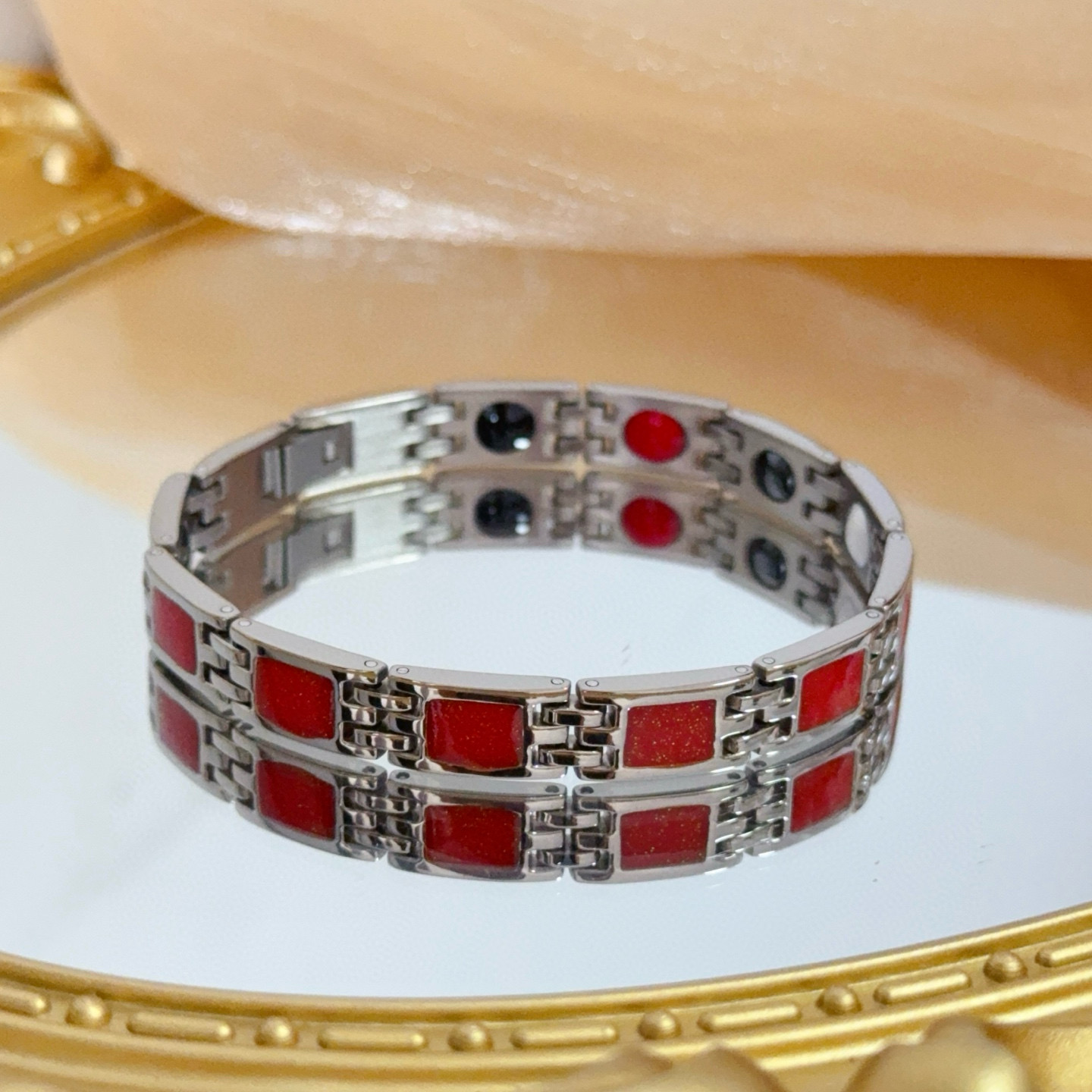 Piaget Magnetic Therapy Link Bracelet bracelet Silver-tone metal with red square inlays black and red magnetic accents 21cm