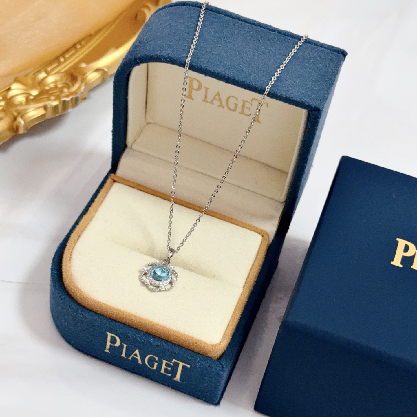 Piaget Rose necklace silver-toned metal sky blue gemstone clear diamond accents white pearl accents 42cm