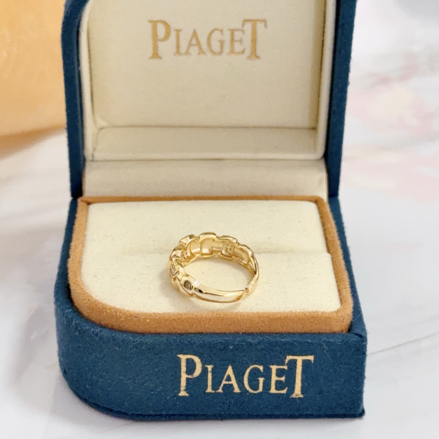 Piaget Possession ring yellow gold with clear diamond accents adjustable open band