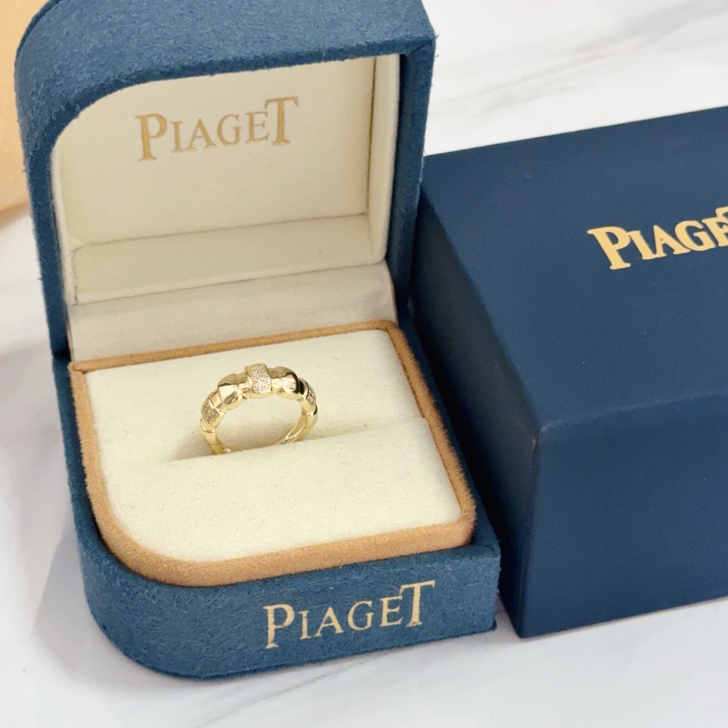 Piaget Possession ring yellow gold with clear diamond accents adjustable open band