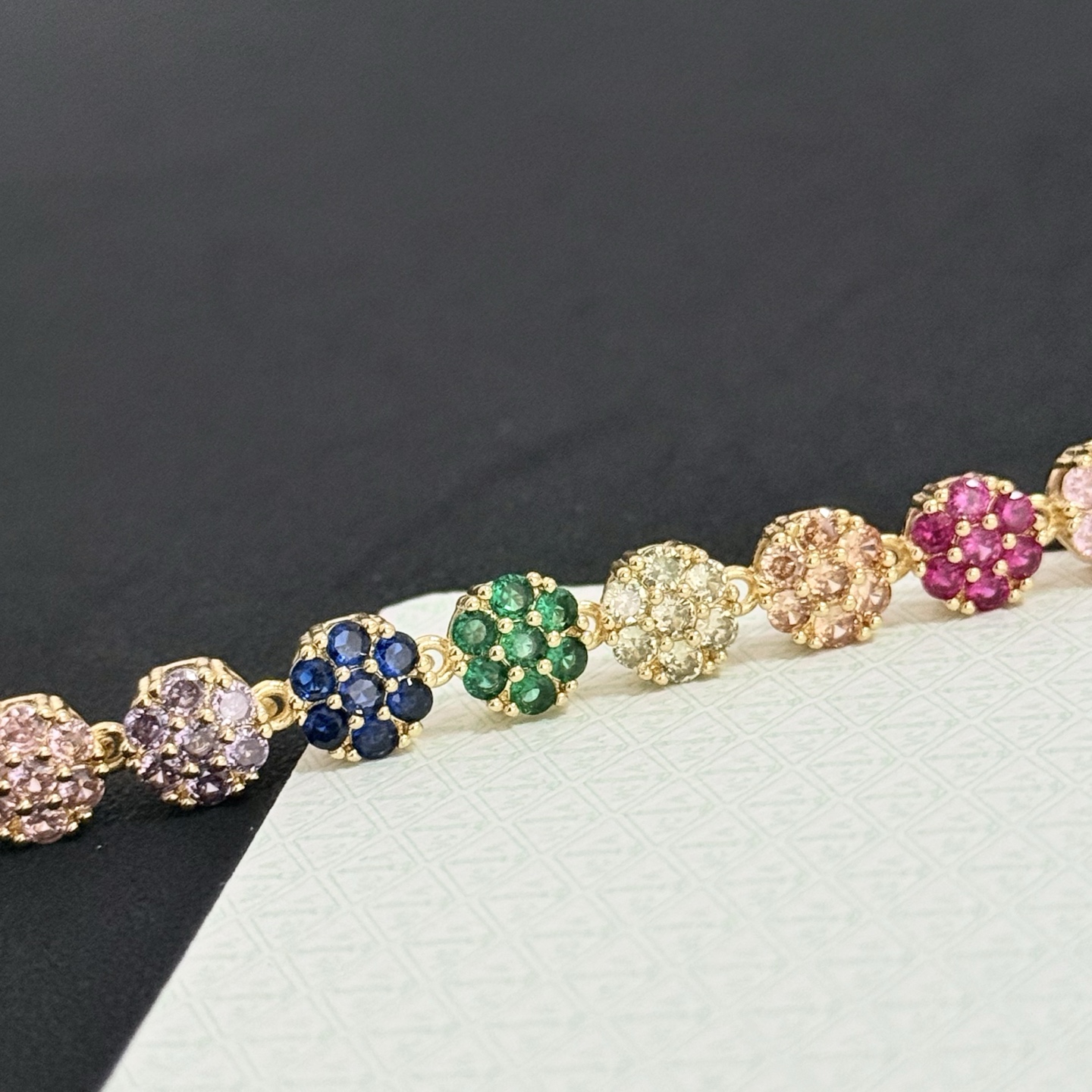 Van Cleef Arpels Fleurette Multi Gemstone Bracelet bracelet Yellow gold with multicolor gemstones fuchsia pink emerald green sapphire blue lavender purple champagne clear white 18cm