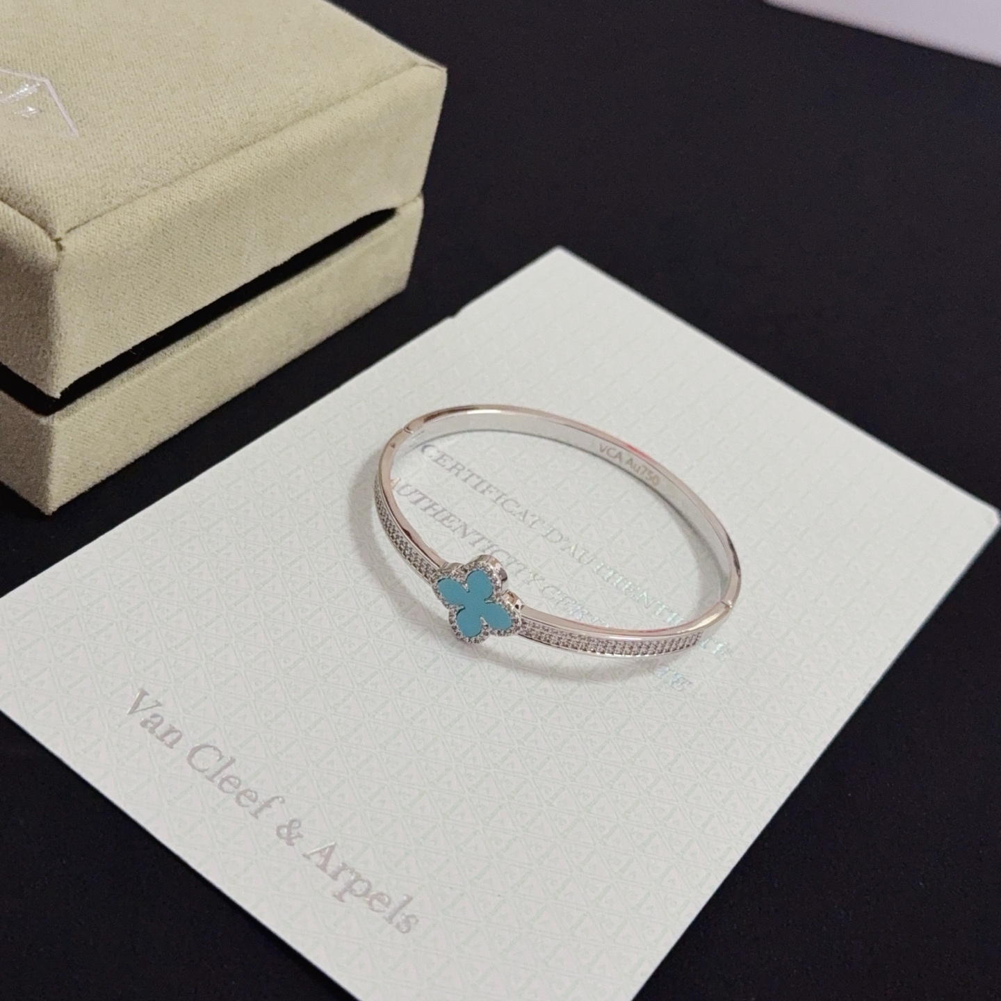Van Cleef Arpels Alhambra bracelet Silver-toned white gold metal turquoise blue four-leaf clover inlay clear diamond accents 17cm