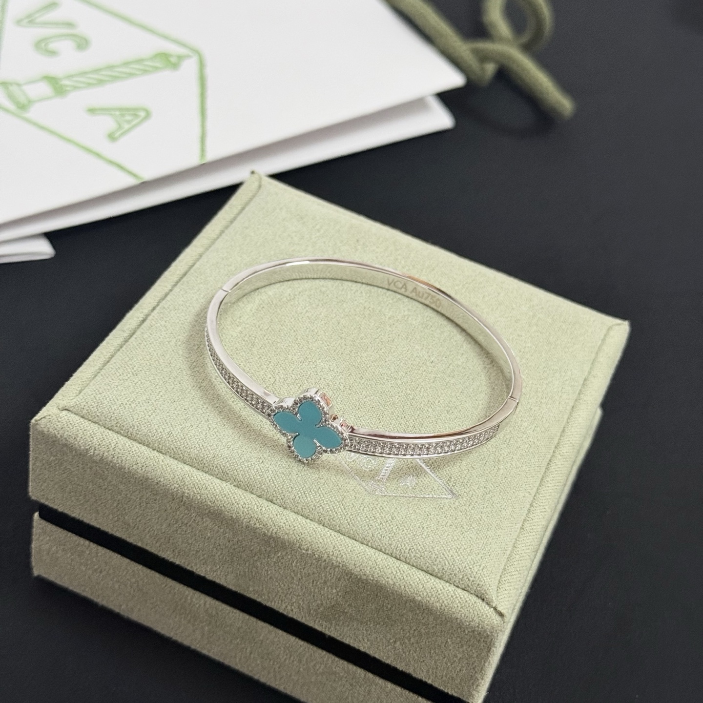 Van Cleef Arpels Alhambra bracelet Silver-toned white gold metal turquoise blue four-leaf clover inlay clear diamond accents 17cm