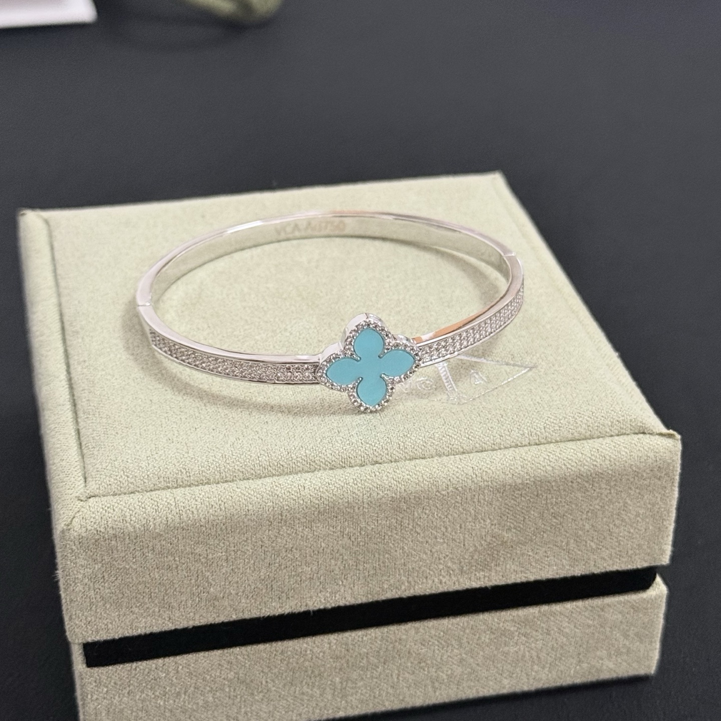 Van Cleef Arpels Alhambra bracelet Silver-toned white gold metal turquoise blue four-leaf clover inlay clear diamond accents 17cm