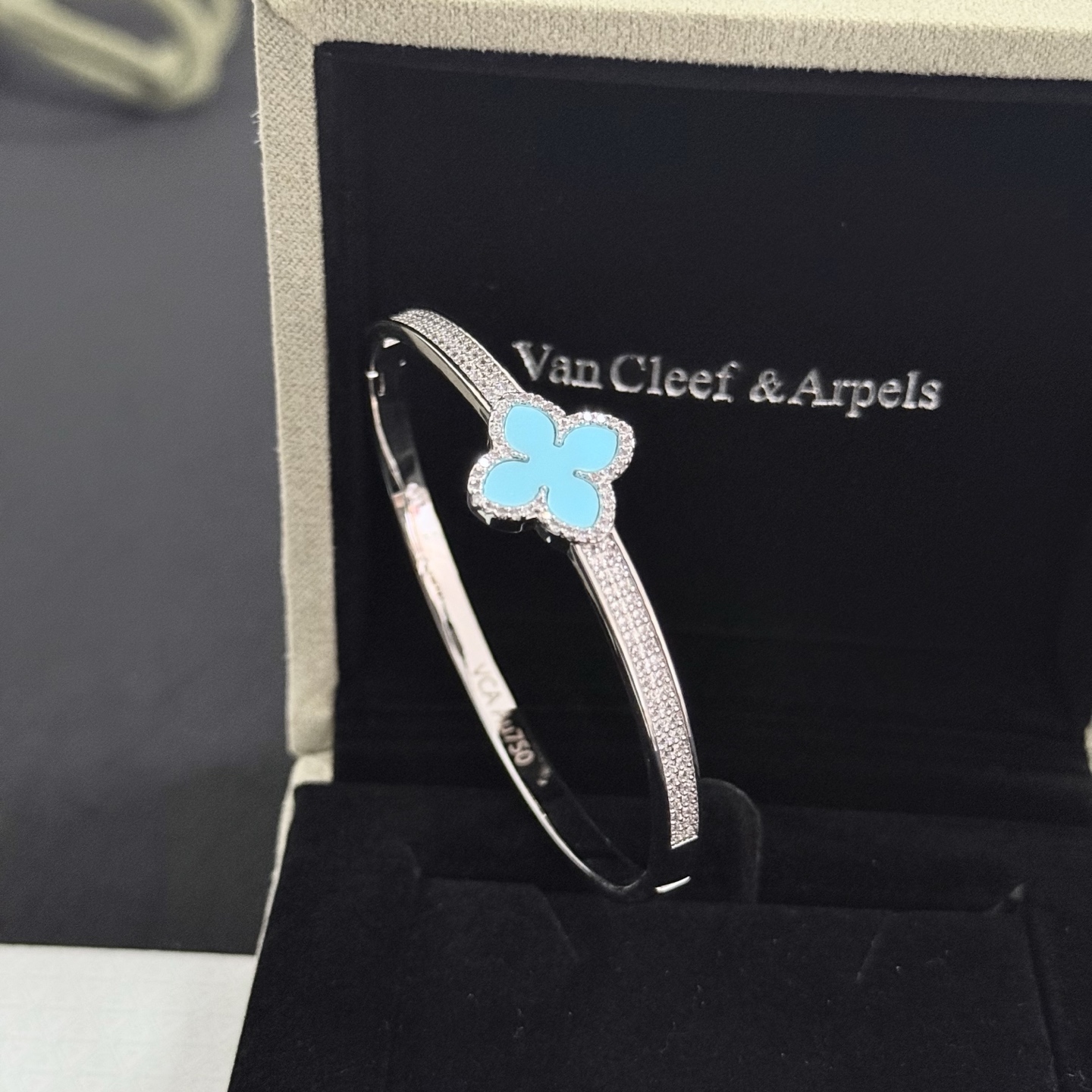 Van Cleef Arpels Alhambra bracelet Silver-toned white gold metal turquoise blue four-leaf clover inlay clear diamond accents 17cm