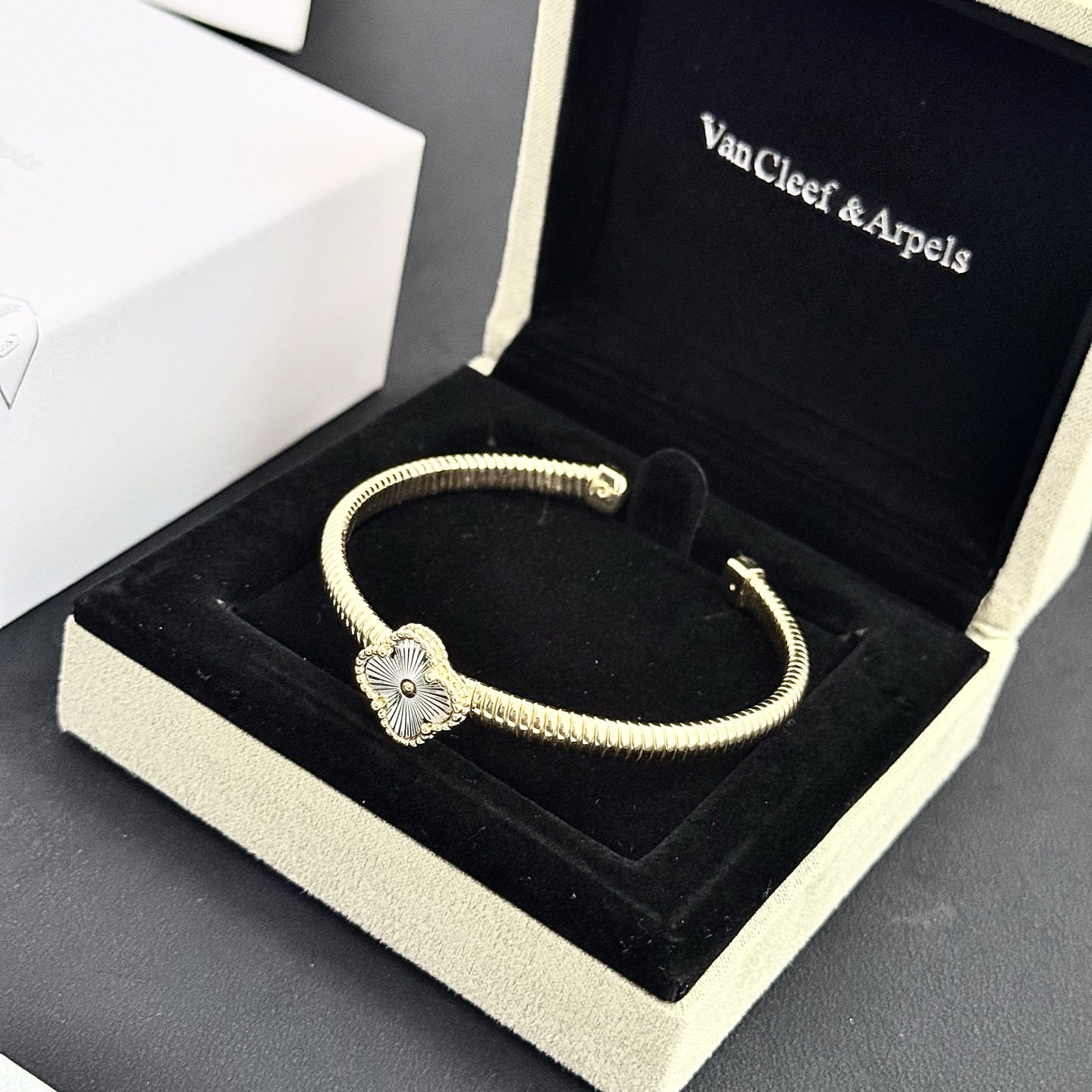 Van Cleef Arpels Alhambra bracelet Yellow gold with guilloche silver-toned clover motif 17cm