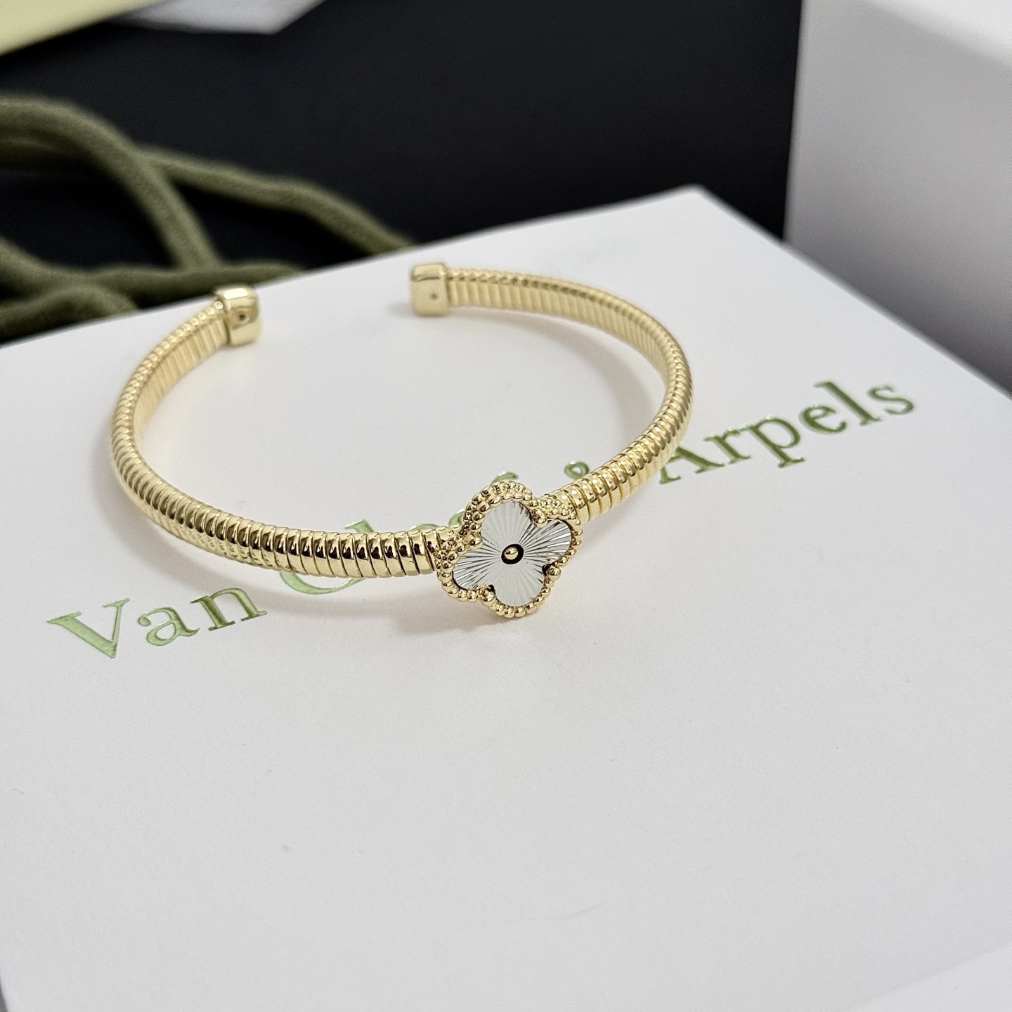 Van Cleef Arpels Alhambra bracelet Yellow gold with guilloche silver-toned clover motif 17cm