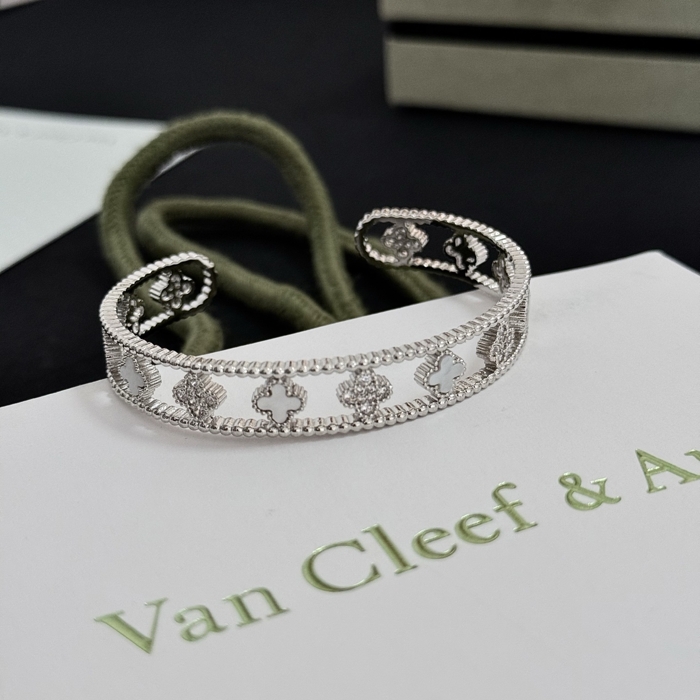 Van Cleef Arpels Perlee Clovers bracelet Silver-toned white gold with white mother-of-pearl and clear diamond accents 17cm