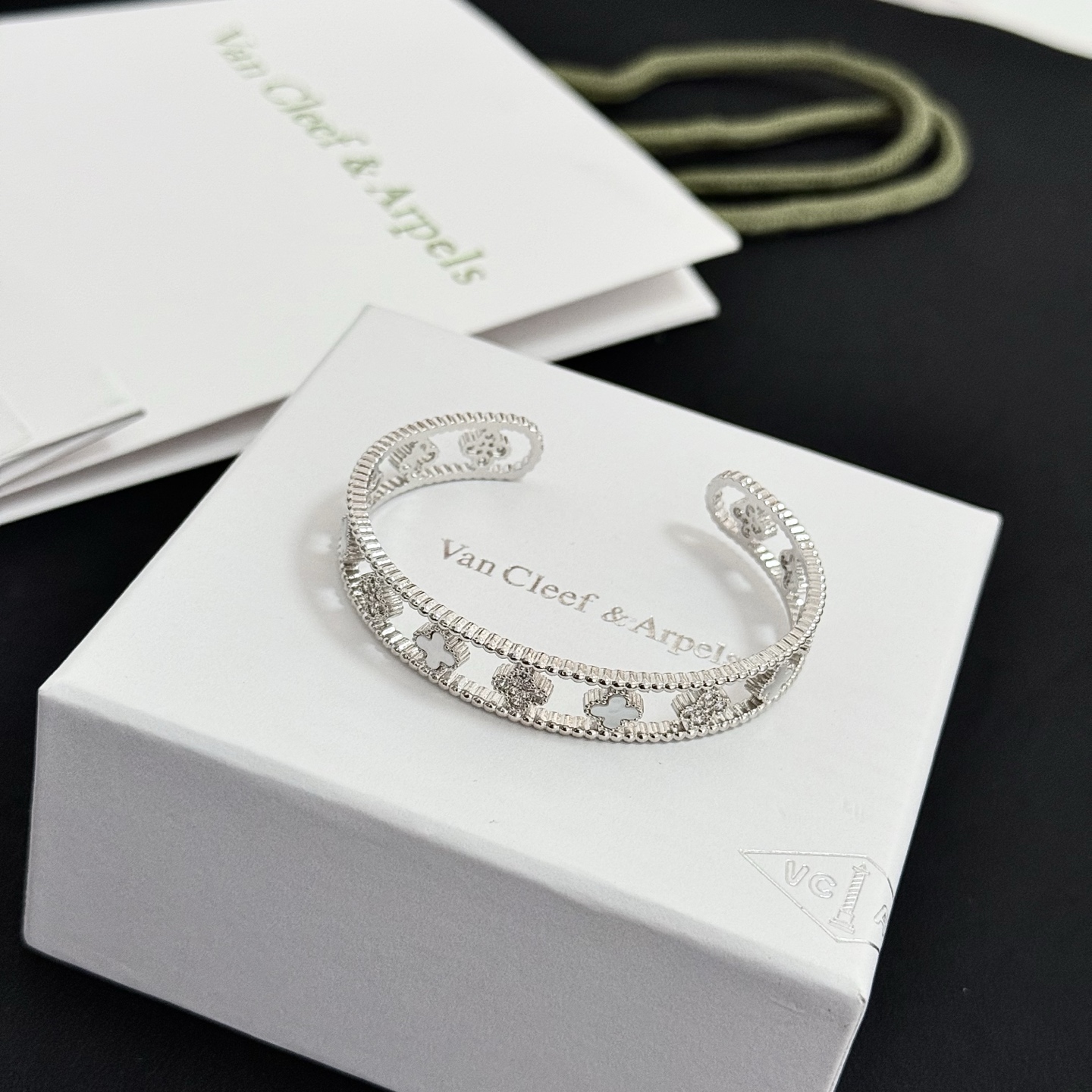 Van Cleef Arpels Perlee Clovers bracelet Silver-toned white gold with white mother-of-pearl and clear diamond accents 17cm