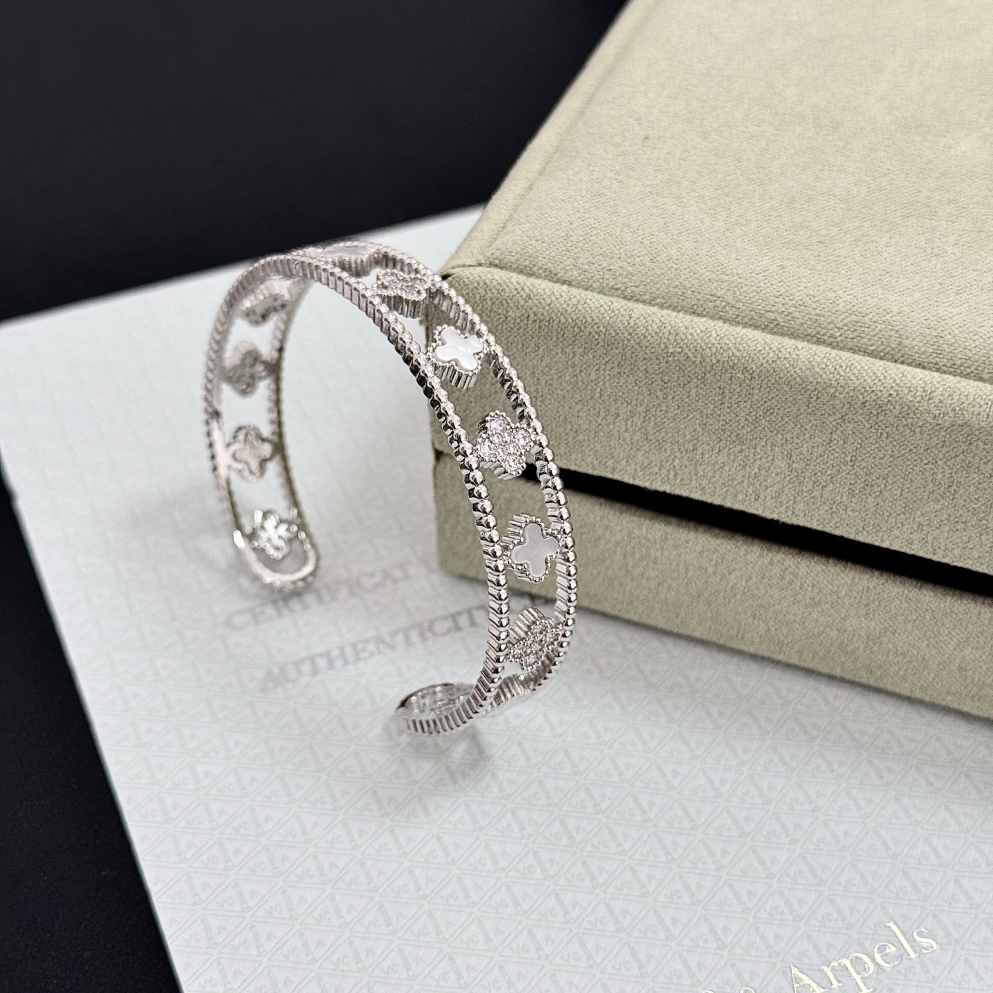 Van Cleef Arpels Perlee Clovers bracelet Silver-toned white gold with white mother-of-pearl and clear diamond accents 17cm