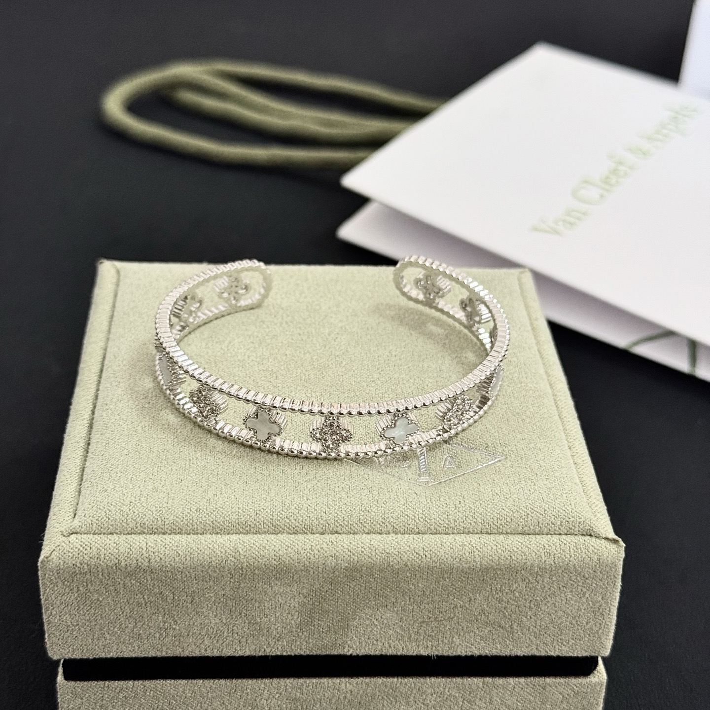 Van Cleef Arpels Perlee Clovers bracelet Silver-toned white gold with white mother-of-pearl and clear diamond accents 17cm