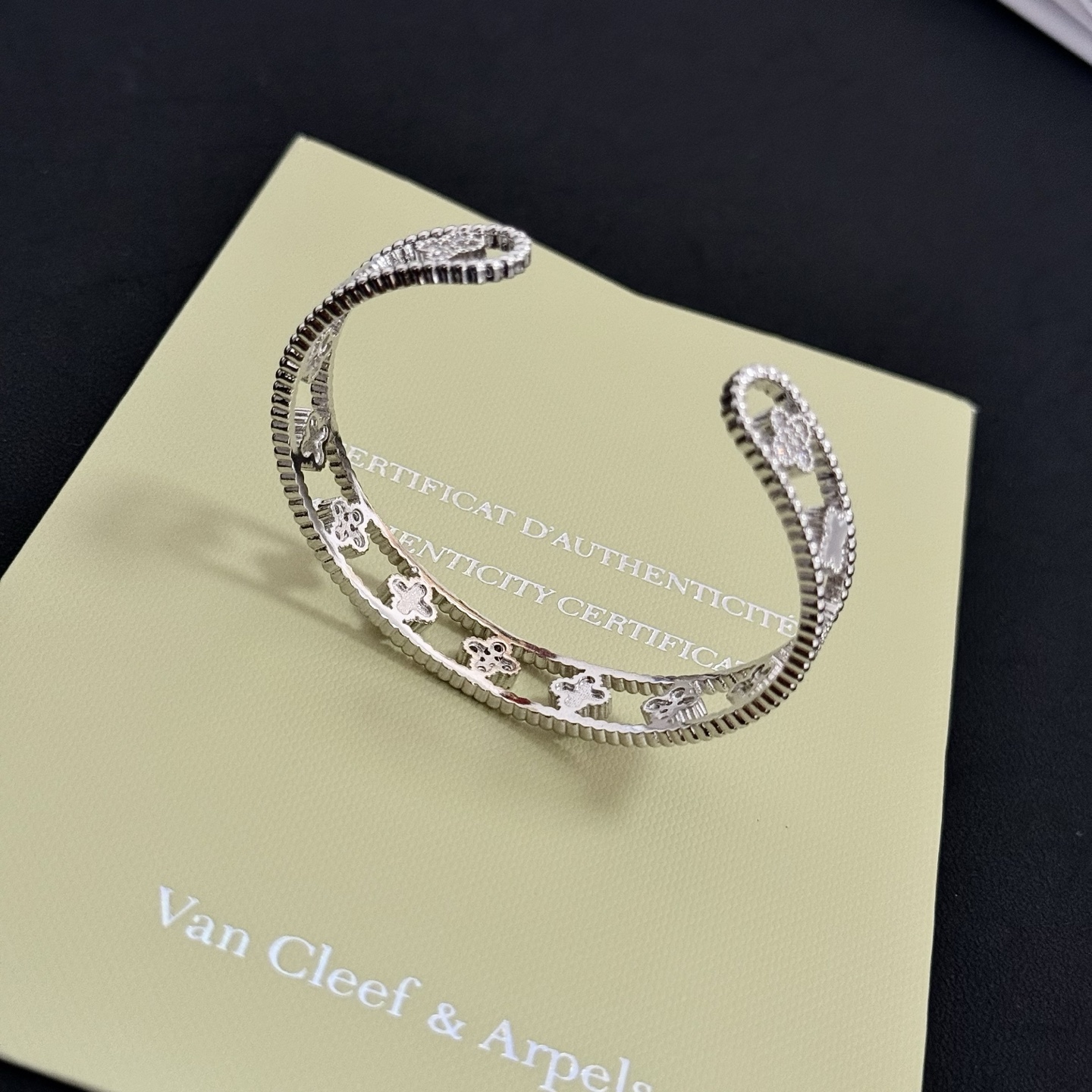 Van Cleef Arpels Perlee Clovers bracelet Silver-toned white gold with white mother-of-pearl and clear diamond accents 17cm