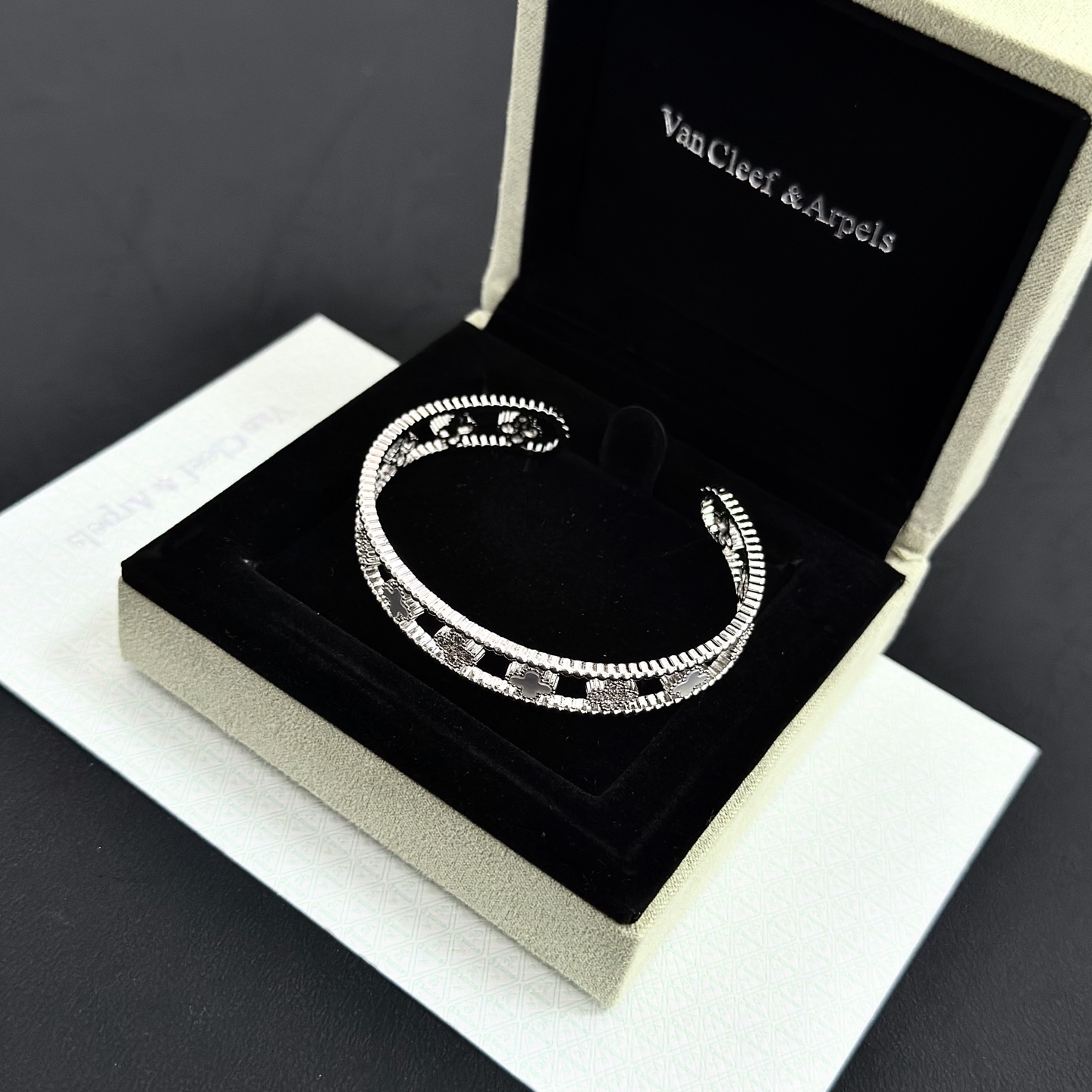 Van Cleef Arpels Perlee Clovers bracelet Silver-toned white gold with white mother-of-pearl and clear diamond accents 17cm