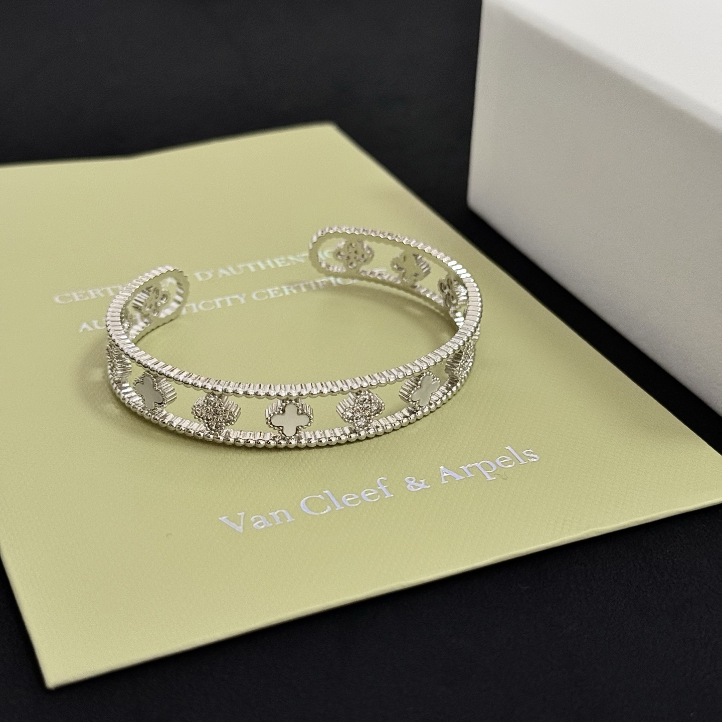 Van Cleef Arpels Perlee Clovers bracelet Silver-toned white gold with white mother-of-pearl and clear diamond accents 17cm
