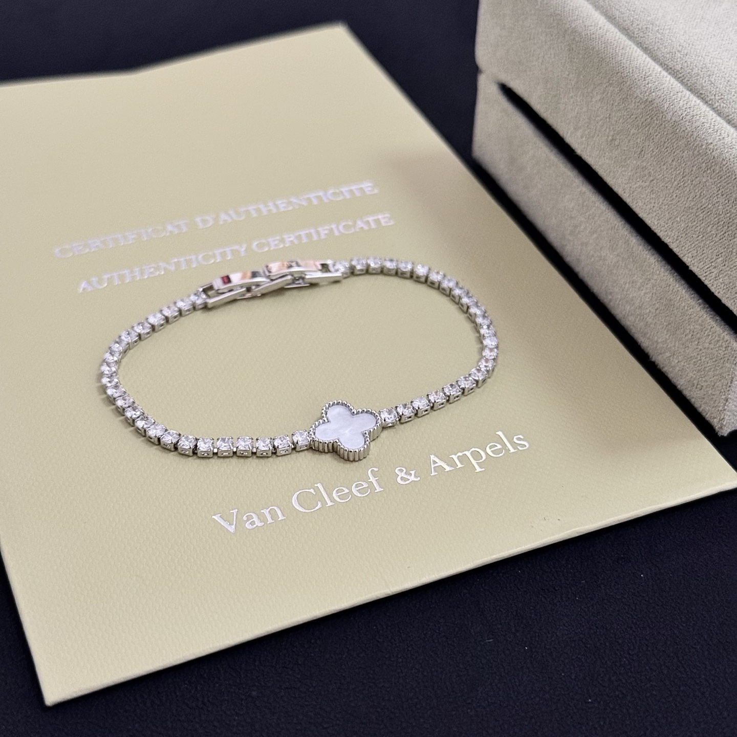 Van Cleef Arpels Alhambra bracelet Silver-toned metal white mother-of-pearl clear diamond simulants 17cm