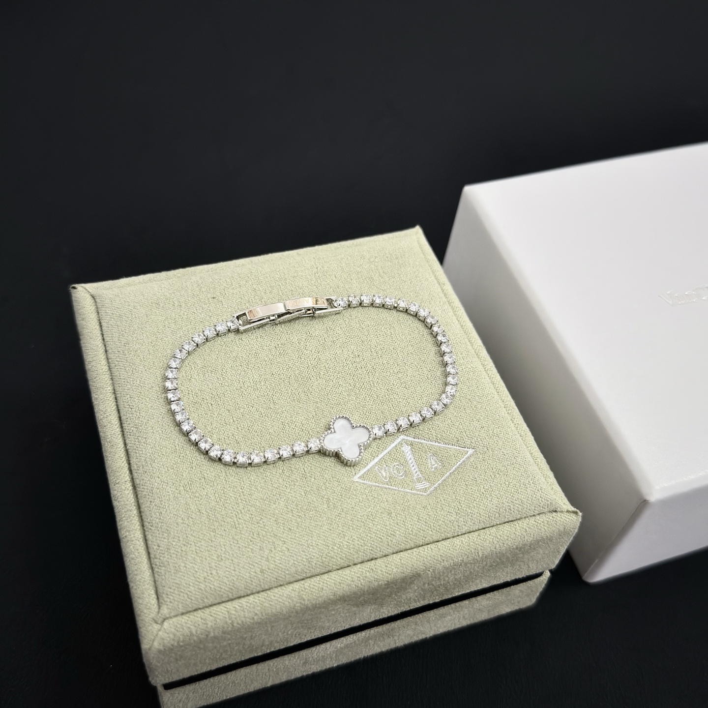 Van Cleef Arpels Alhambra bracelet Silver-toned metal white mother-of-pearl clear diamond simulants 17cm