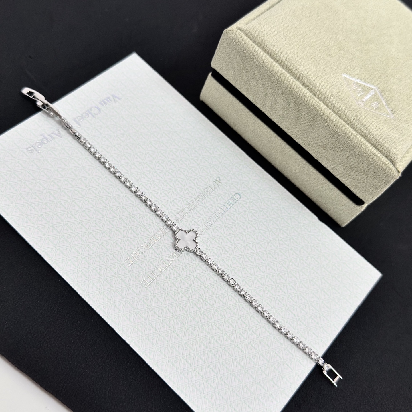 Van Cleef Arpels Alhambra bracelet Silver-toned metal white mother-of-pearl clear diamond simulants 17cm