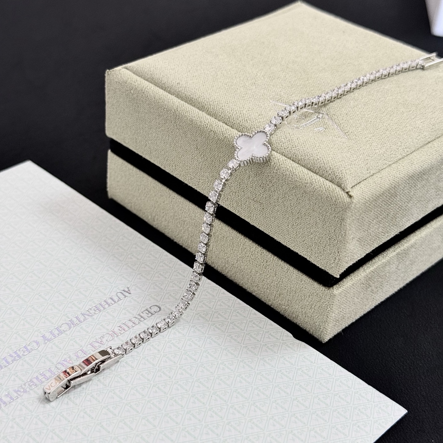 Van Cleef Arpels Alhambra bracelet Silver-toned metal white mother-of-pearl clear diamond simulants 17cm