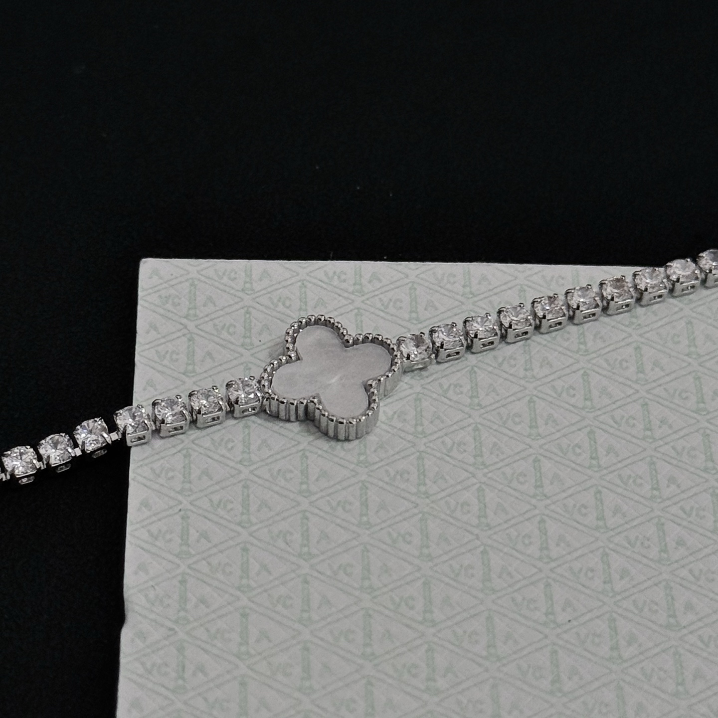Van Cleef Arpels Alhambra bracelet Silver-toned metal white mother-of-pearl clear diamond simulants 17cm
