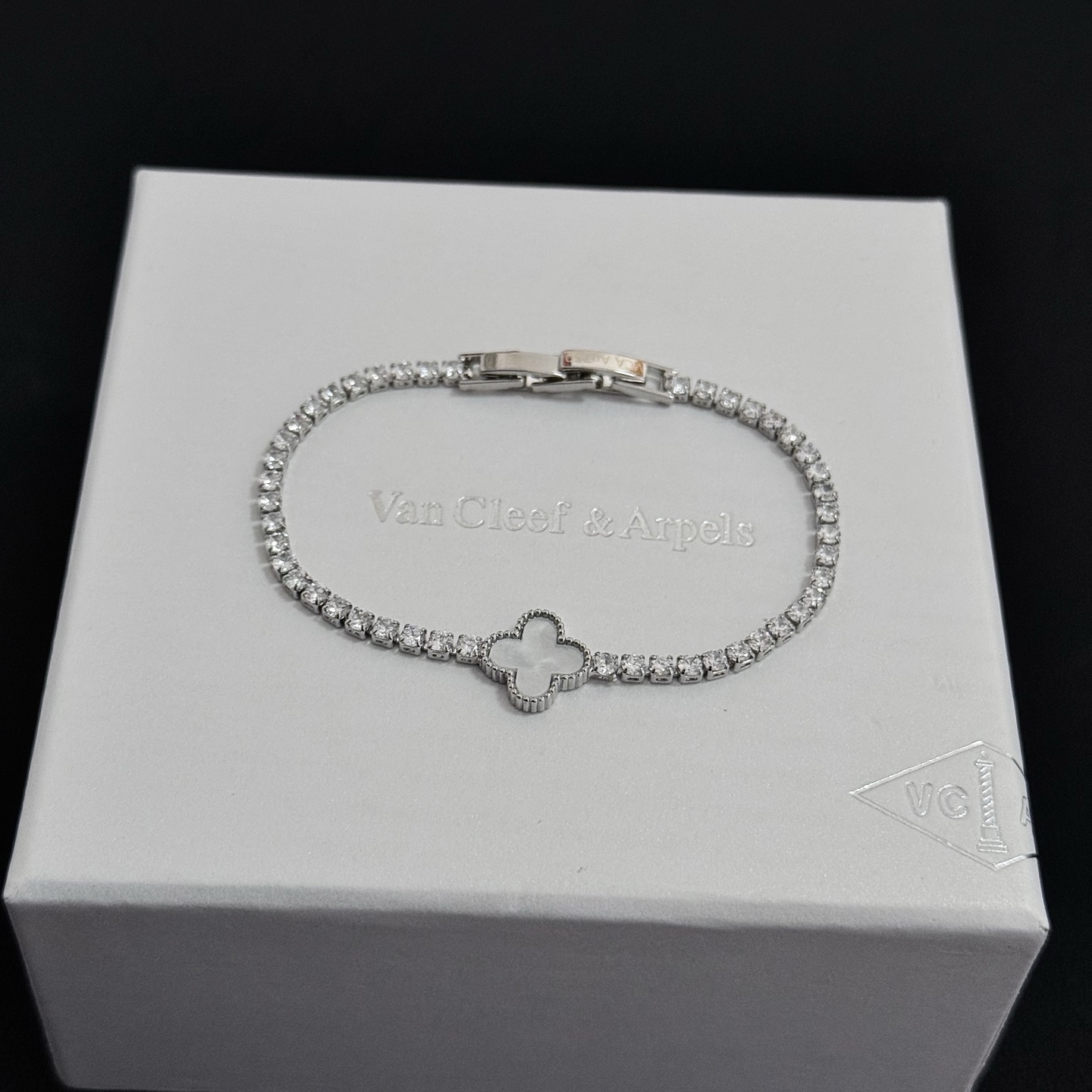 Van Cleef Arpels Alhambra bracelet Silver-toned metal white mother-of-pearl clear diamond simulants 17cm