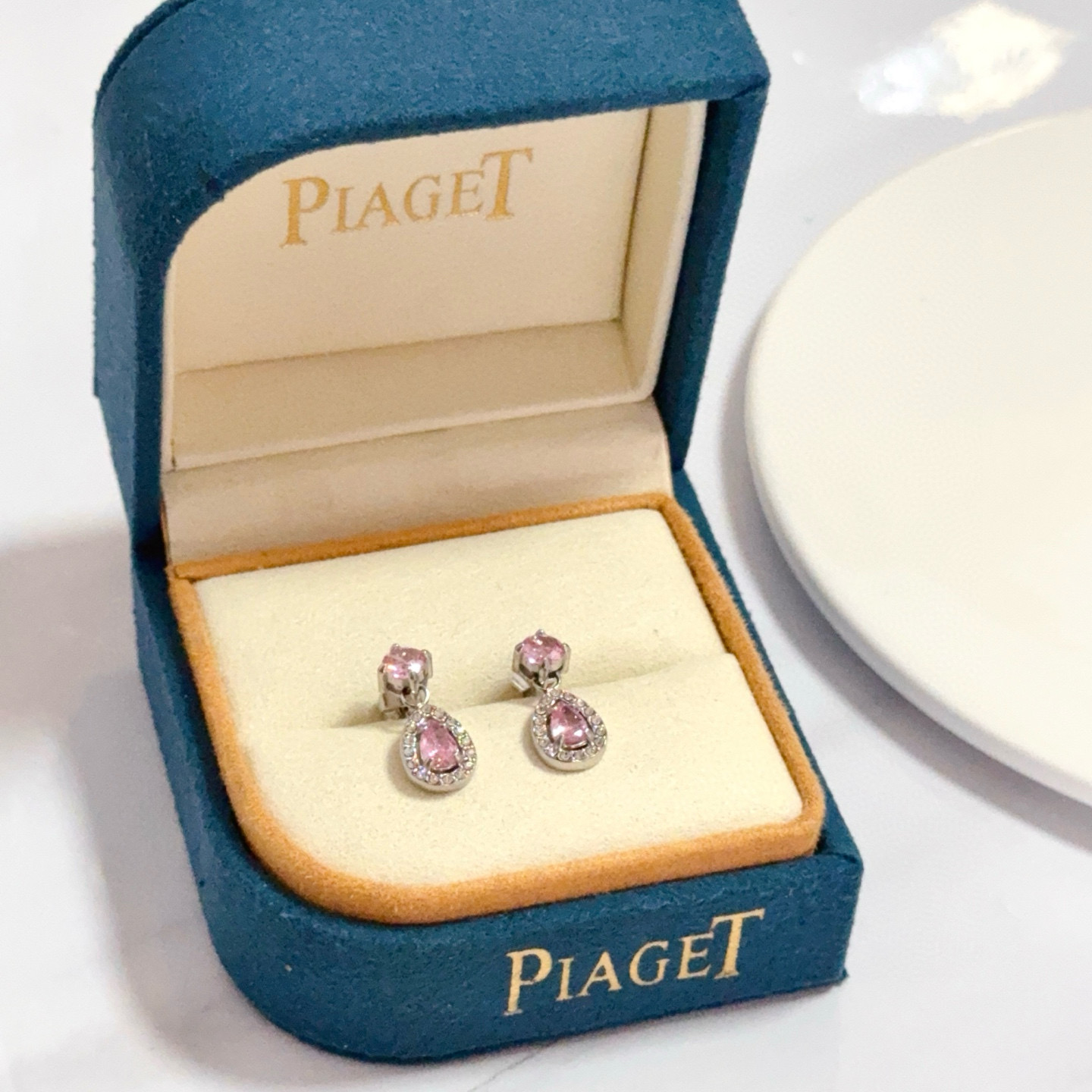 Piaget Rose Passion Teardrop Drop Earrings earrings silver-toned white gold metal with pink sapphire center stones and white diamond halo accents 1 2cm drop length