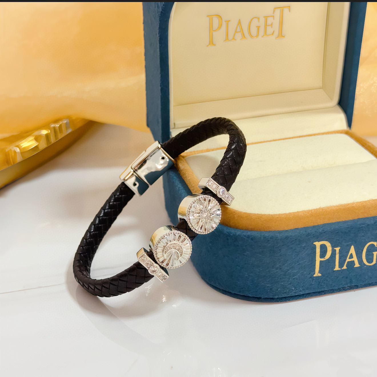 Piaget Possession Sun and Moon bracelet Black braided leather silver-toned metal clear diamond accents 19cm