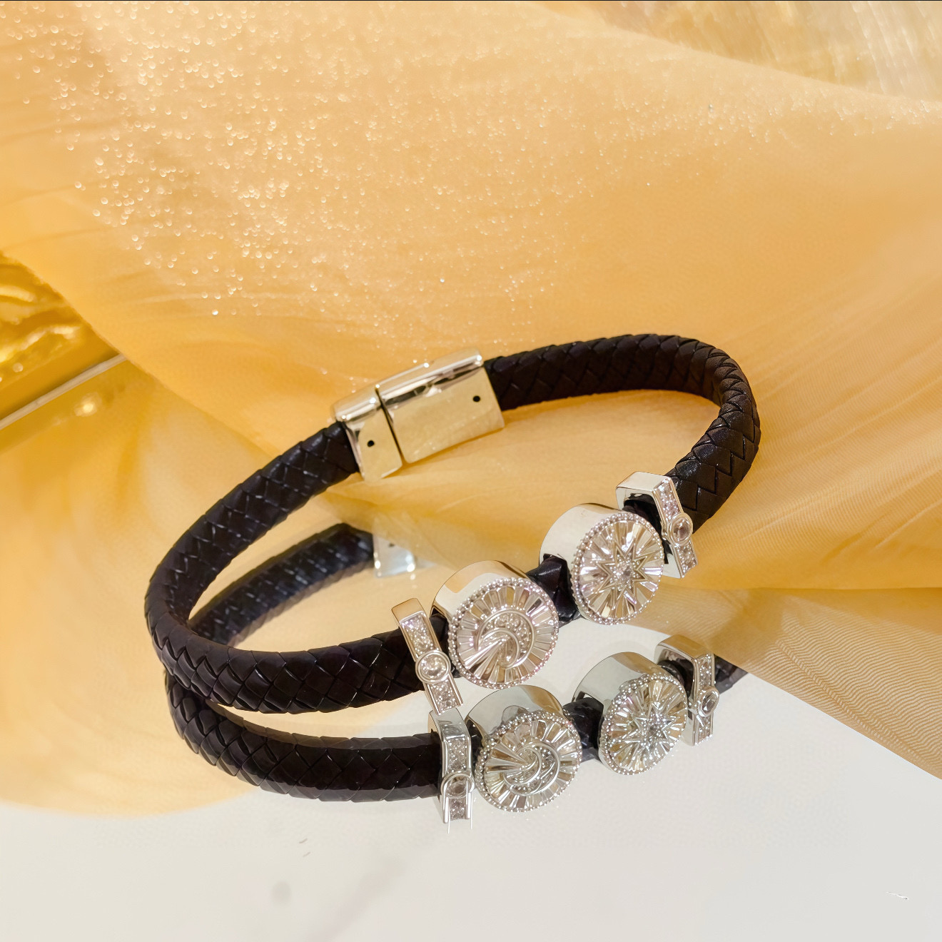 Piaget Possession Sun and Moon bracelet Black braided leather silver-toned metal clear diamond accents 19cm