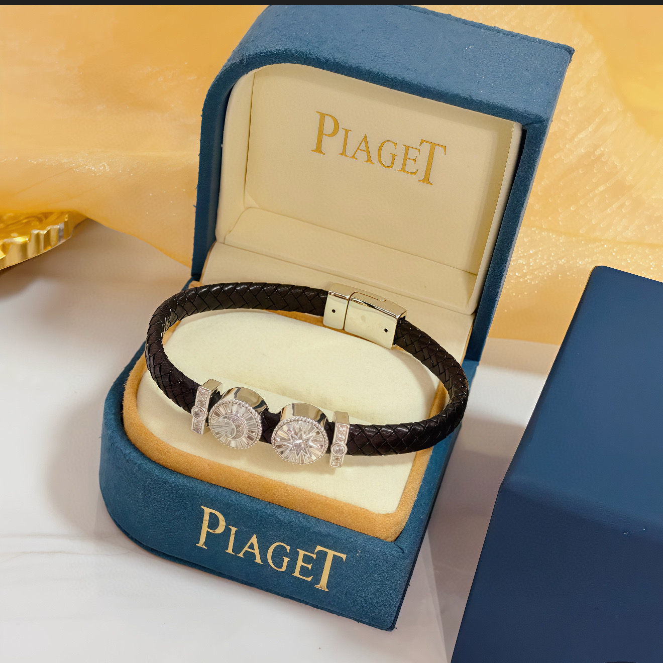 Piaget Possession Sun and Moon bracelet Black braided leather silver-toned metal clear diamond accents 19cm
