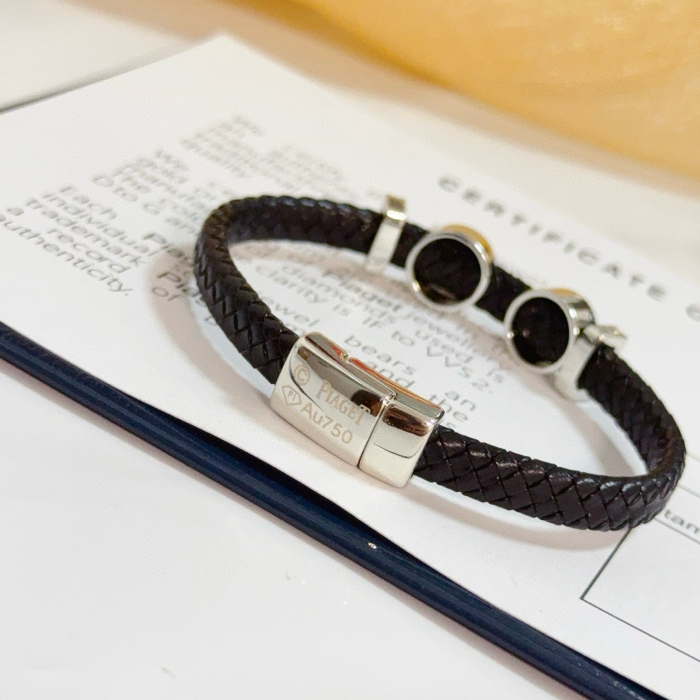 Piaget Possession Sun and Moon bracelet Black braided leather silver-toned metal clear diamond accents 19cm
