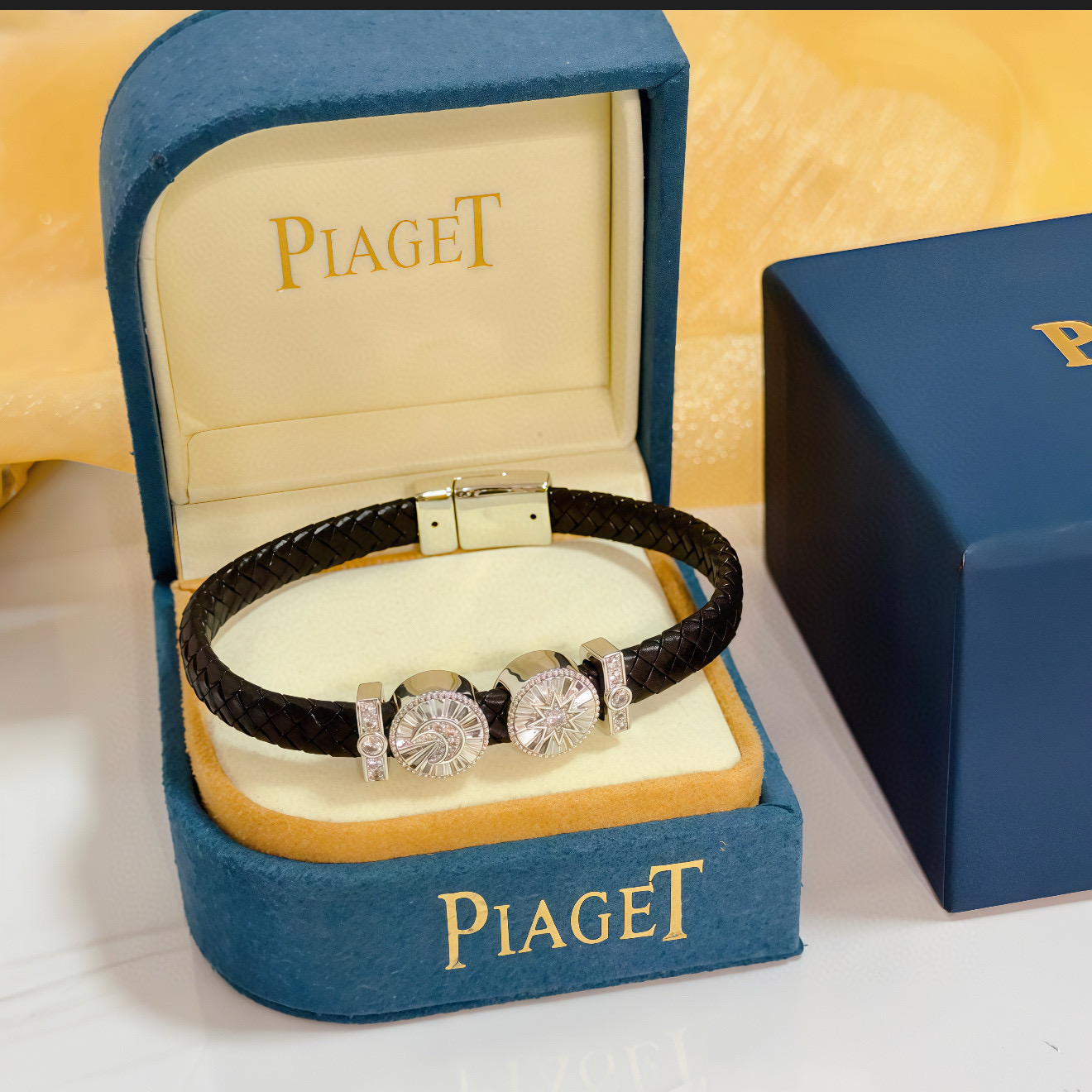 Piaget Possession Sun and Moon bracelet Black braided leather silver-toned metal clear diamond accents 19cm