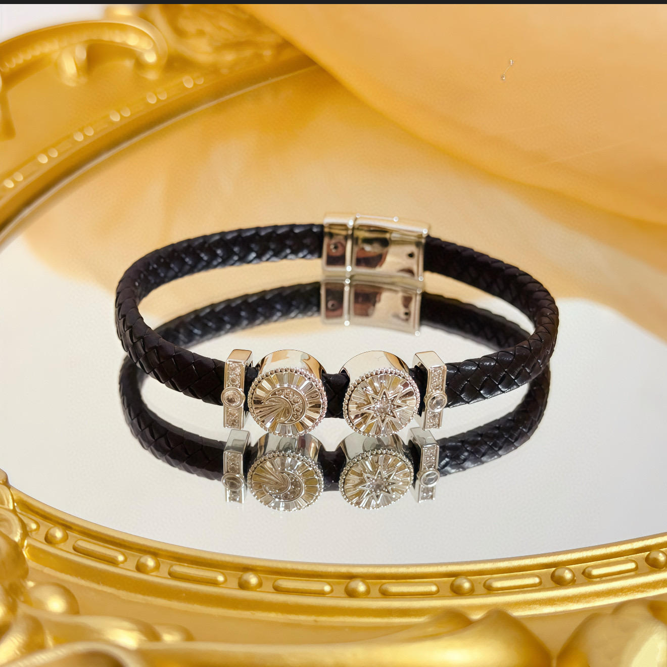 Piaget Possession Sun and Moon bracelet Black braided leather silver-toned metal clear diamond accents 19cm