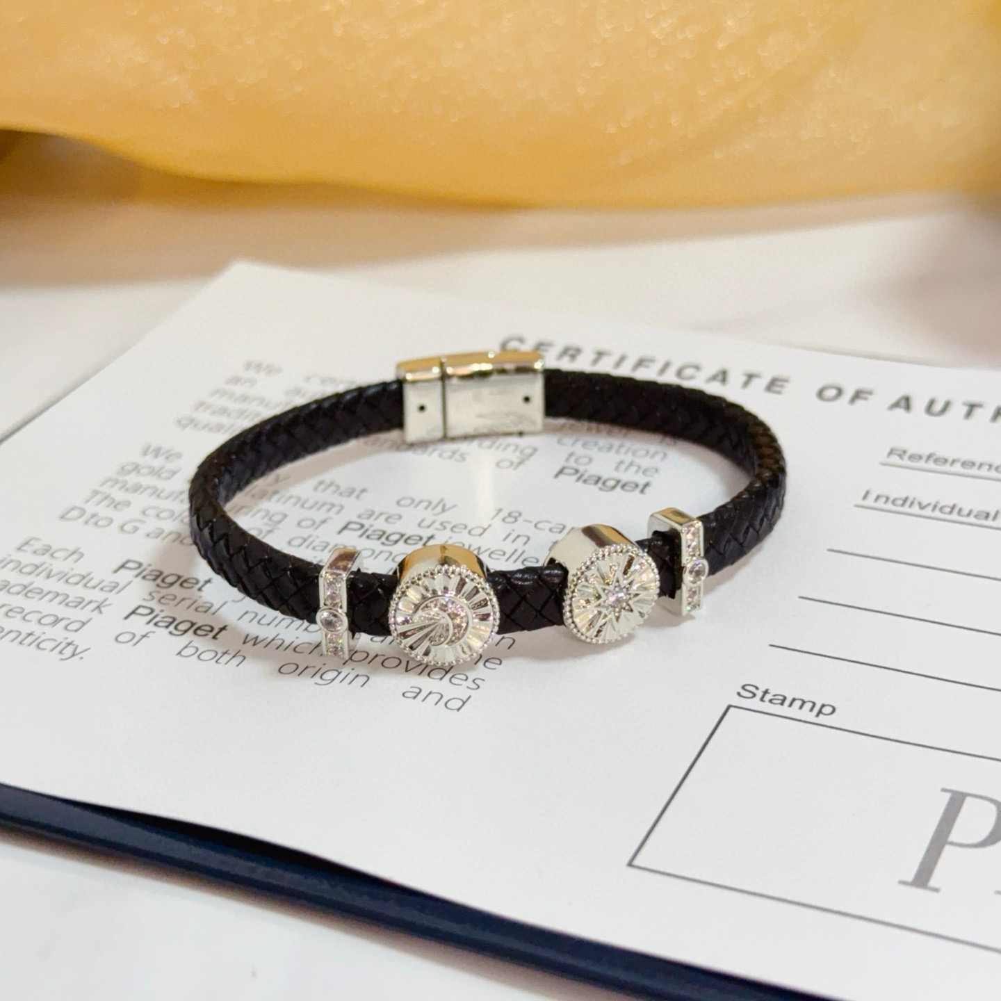 Piaget Possession Sun and Moon bracelet Black braided leather silver-toned metal clear diamond accents 19cm
