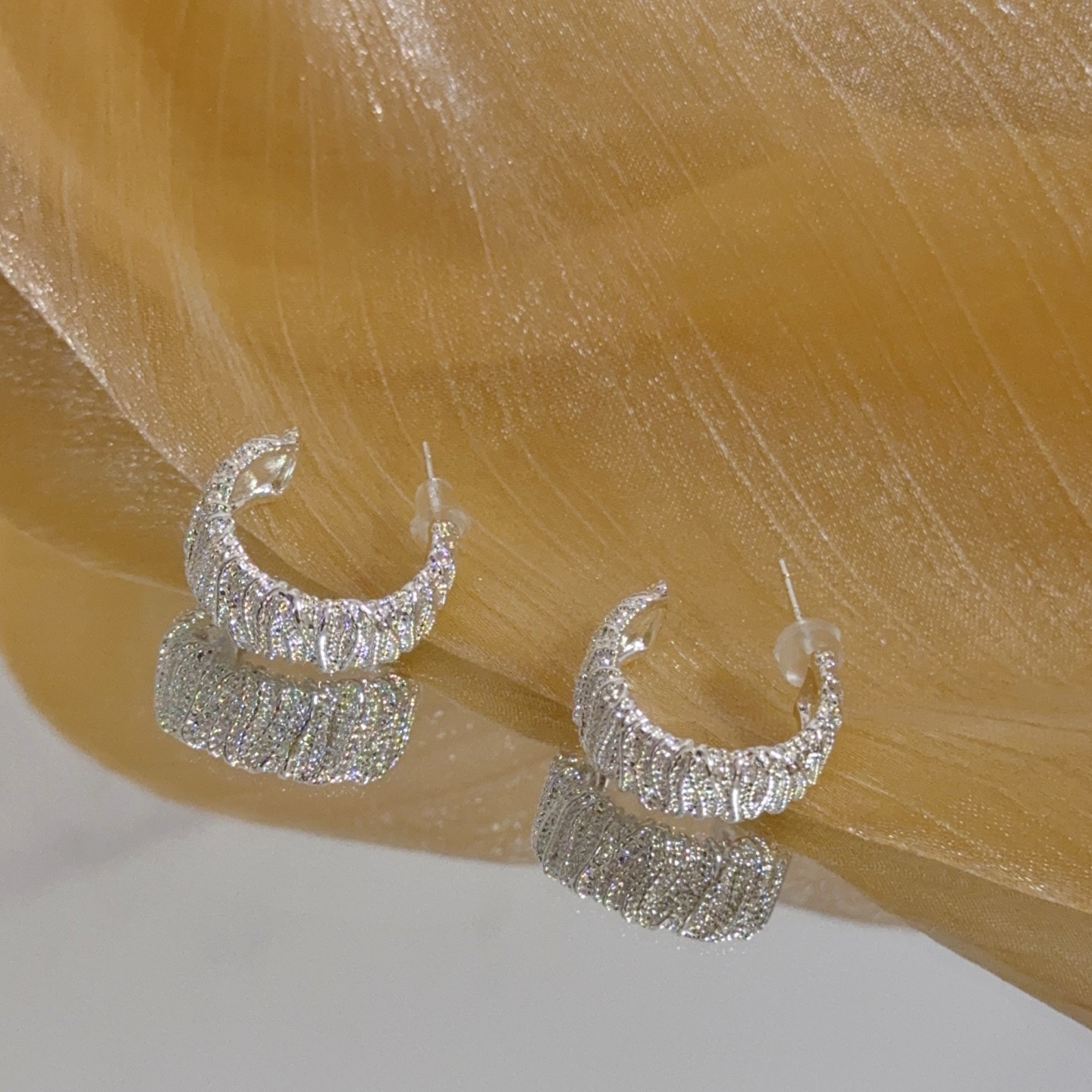 Piaget Pave Textured Hoop earrings silver-toned metal with clear pave stones 15mm hoop diameter