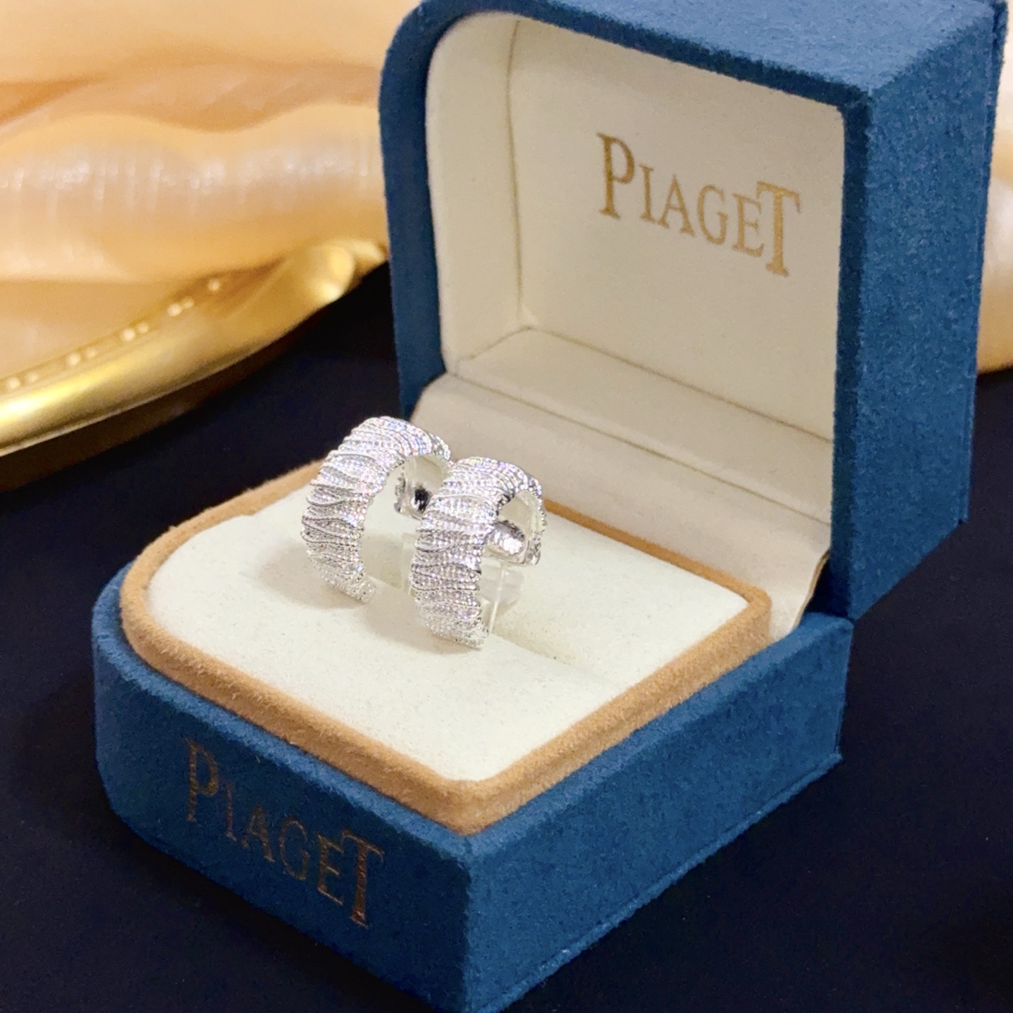 Piaget Pave Textured Hoop earrings silver-toned metal with clear pave stones 15mm hoop diameter