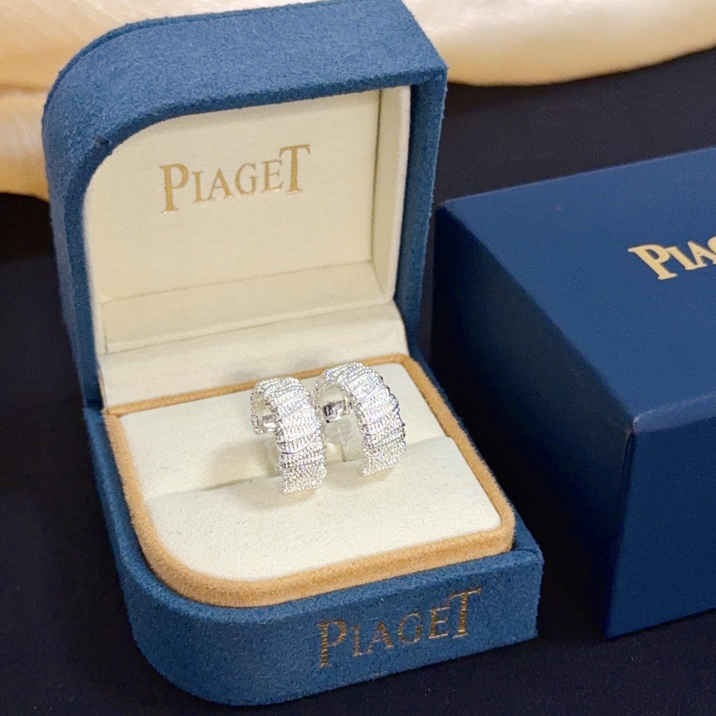 Piaget Pave Textured Hoop earrings silver-toned metal with clear pave stones 15mm hoop diameter